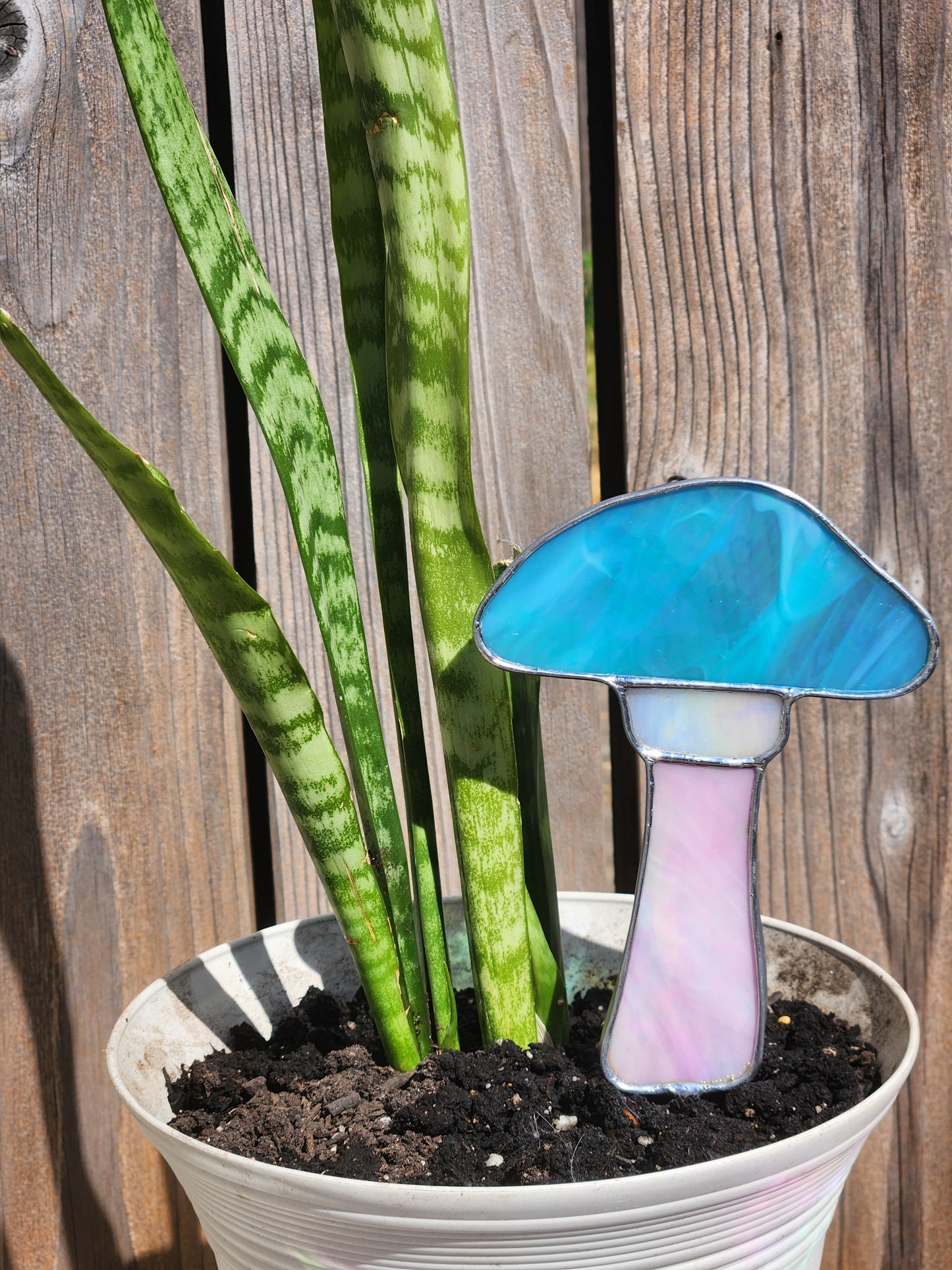Pink, White and Blue Iridescent Stained Glass Mushroom Plant Stake