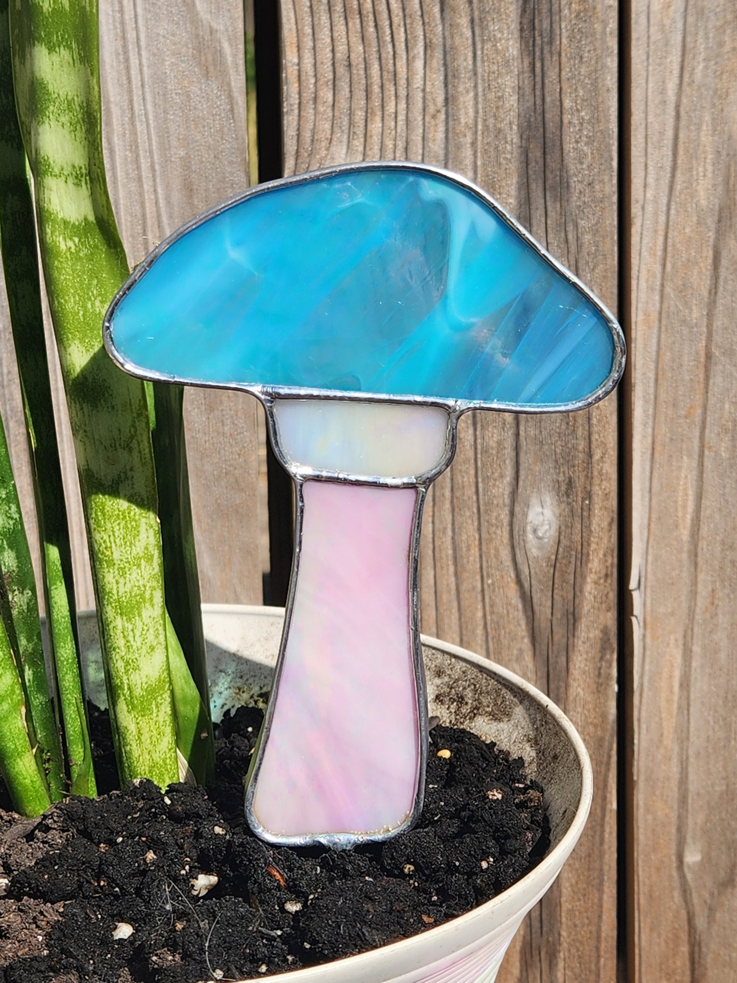 Pink, White and Blue Iridescent Stained Glass Mushroom Plant Stake