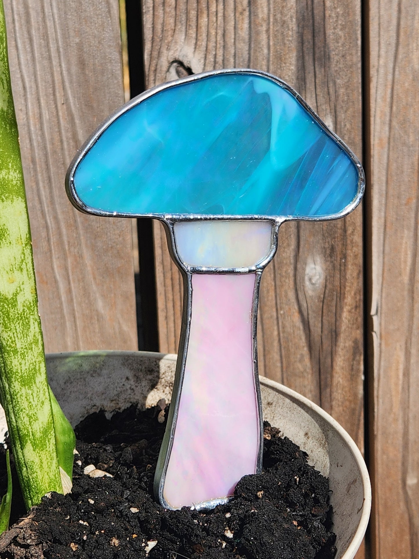 Pink, White and Blue Iridescent Stained Glass Mushroom Plant Stake