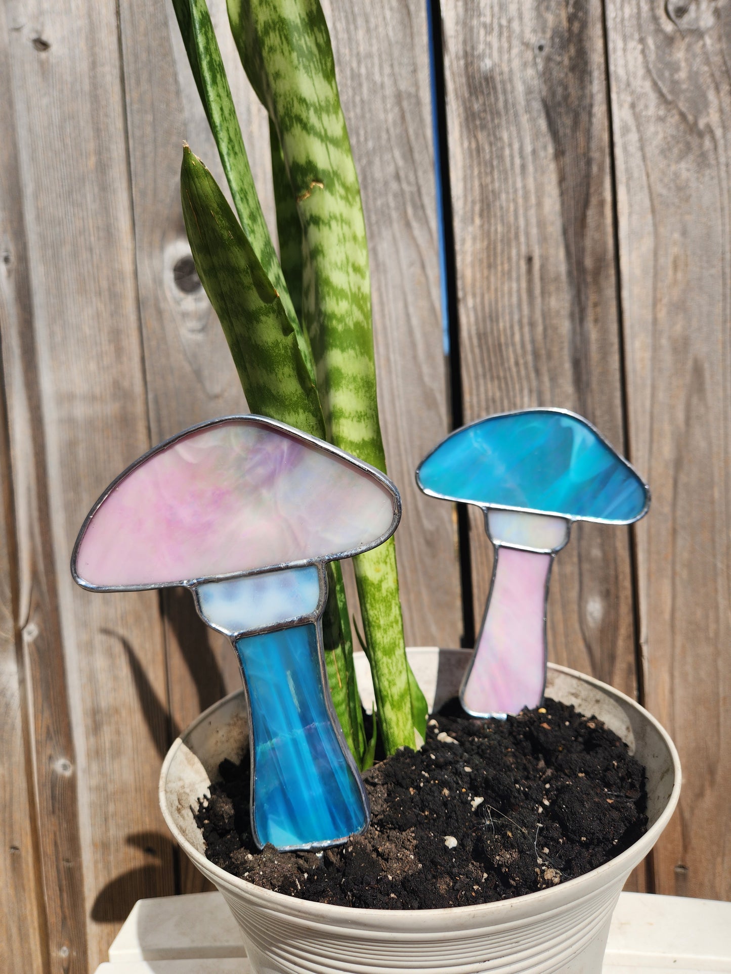 Pink, White and Blue Iridescent Stained Glass Mushroom Plant Stake