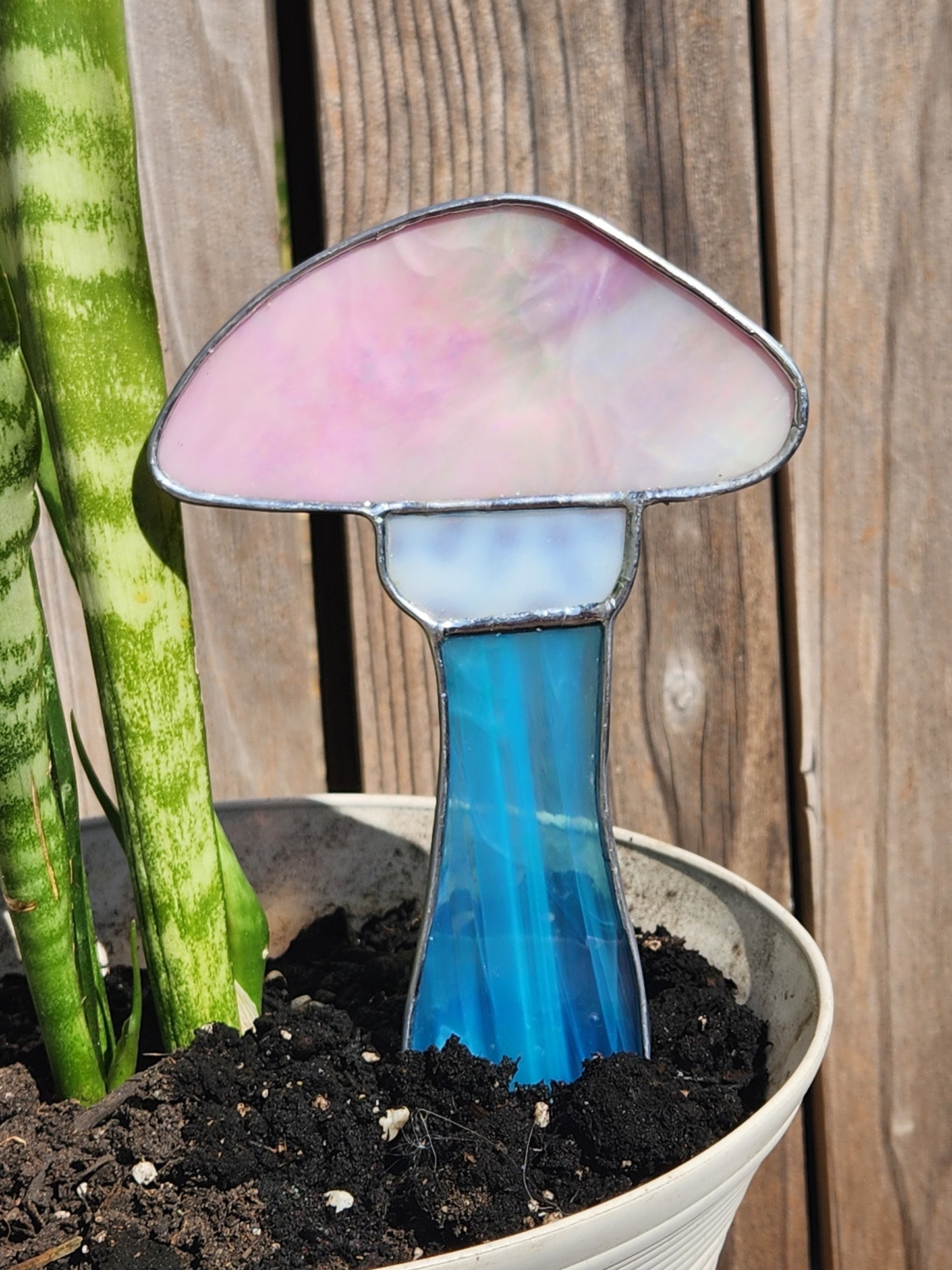 Pink, White and Blue Iridescent Stained Glass Mushroom Plant Stake