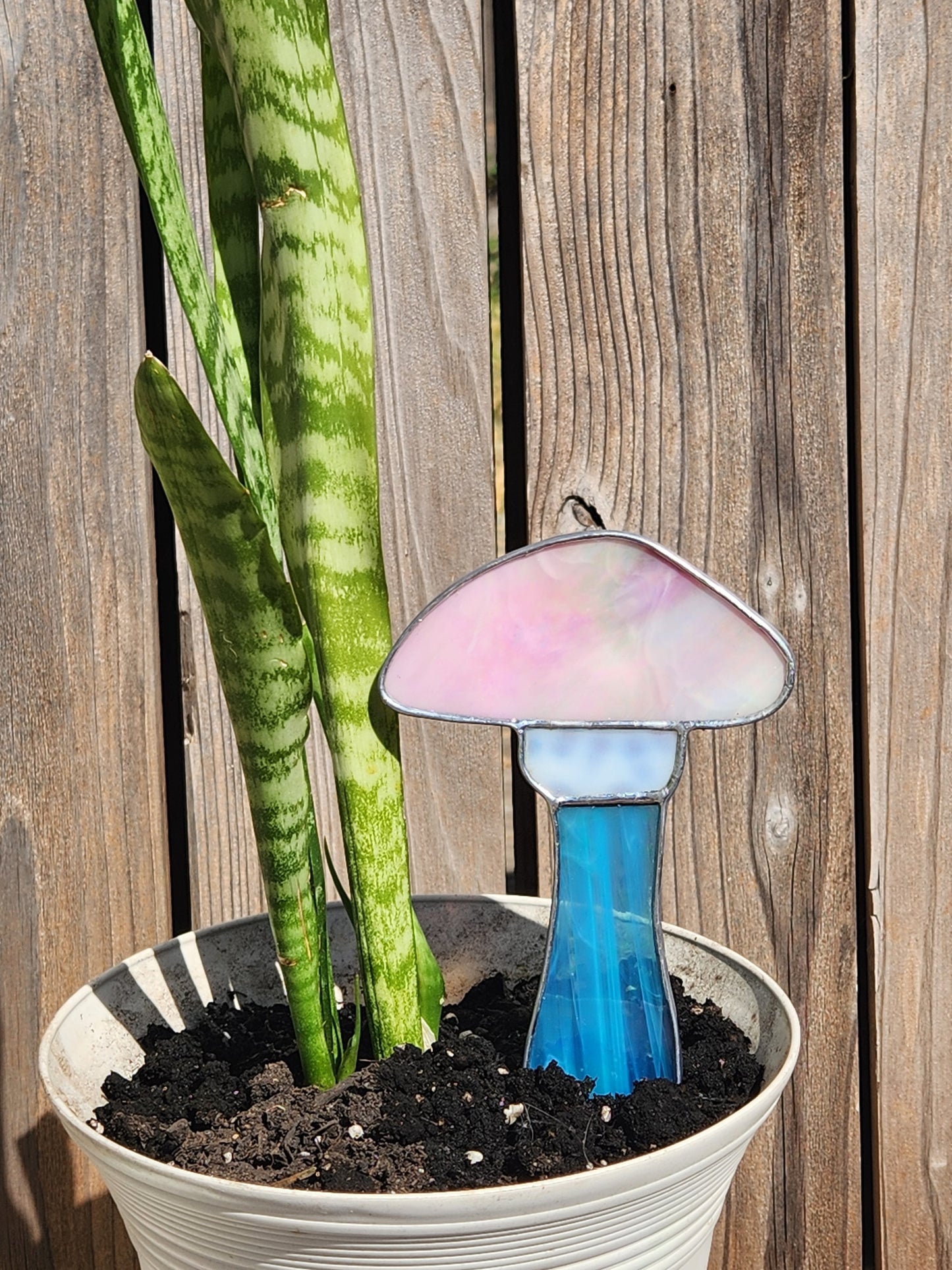 Pink, White and Blue Iridescent Stained Glass Mushroom Plant Stake