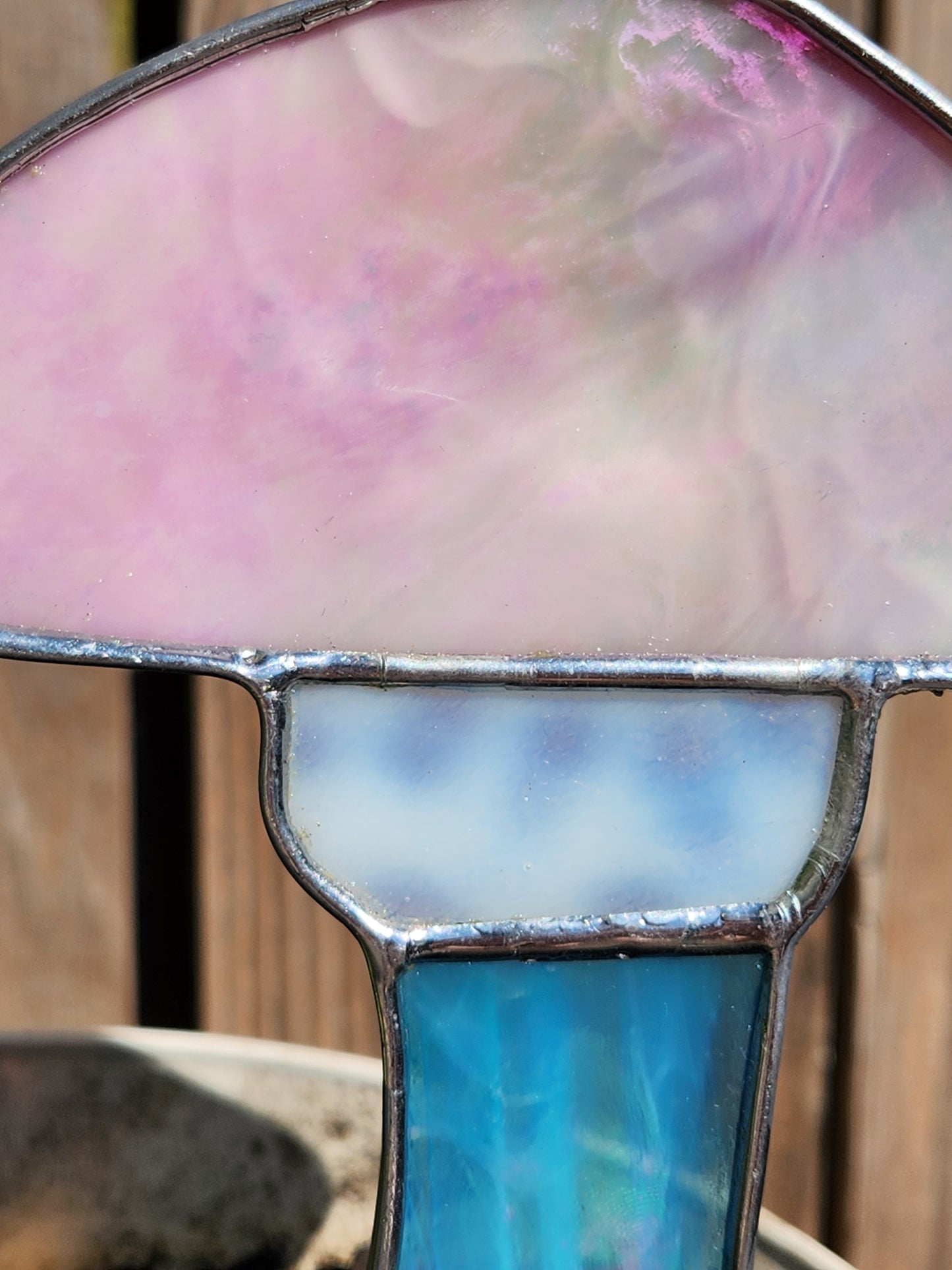 Pink, White and Blue Iridescent Stained Glass Mushroom Plant Stake