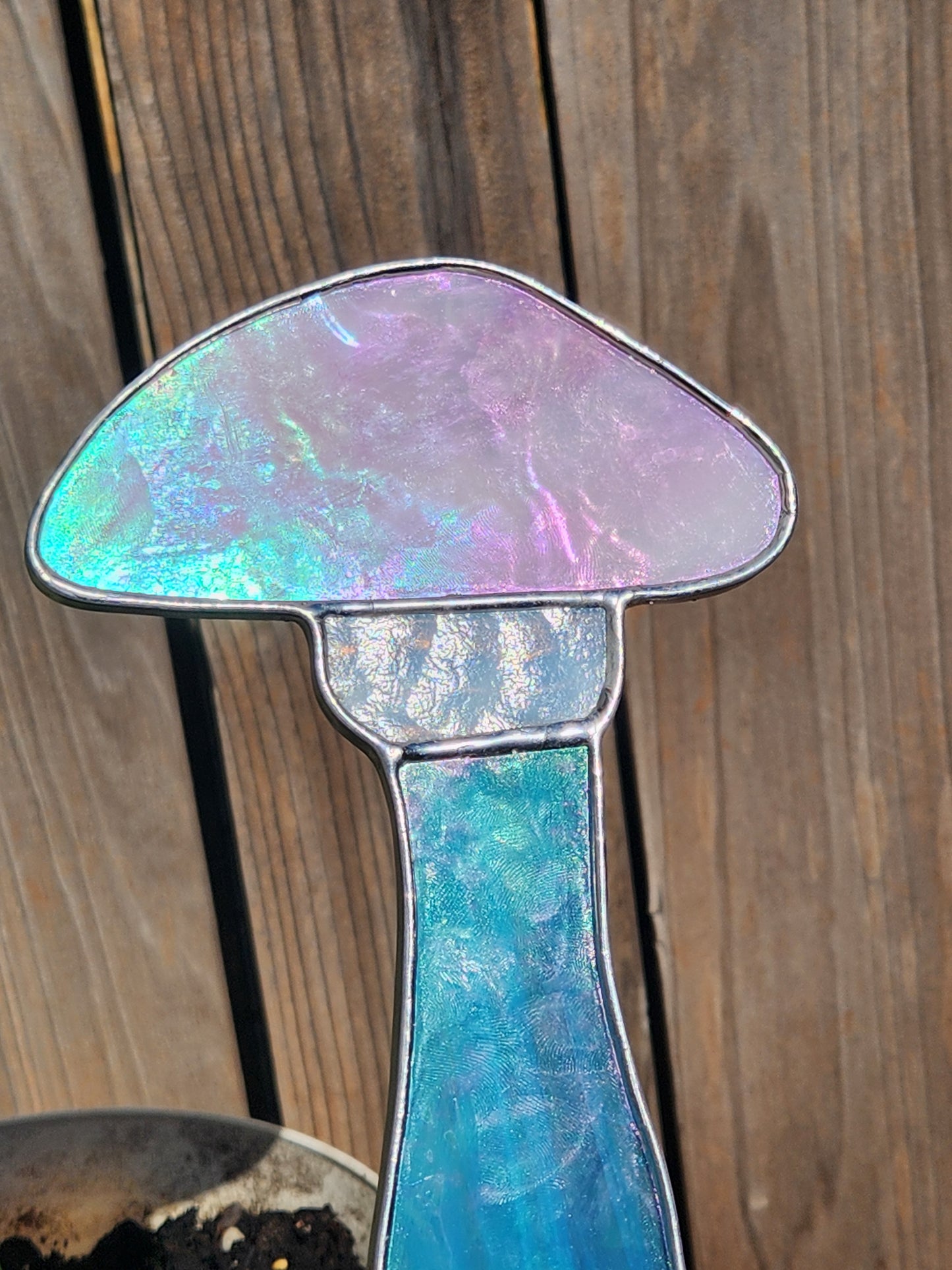 Pink, White and Blue Iridescent Stained Glass Mushroom Plant Stake