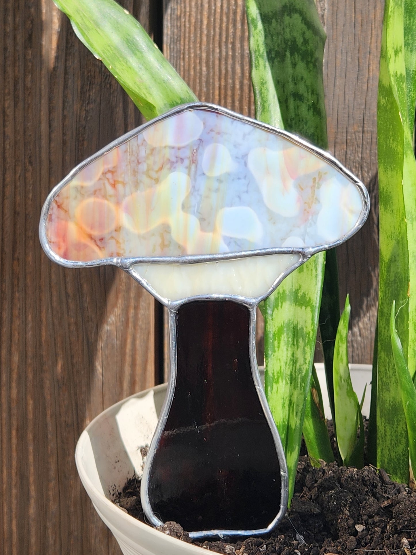 Brown & Purple Splotchy Mushroom Stained Glass Plant Stake (Brown Stem)