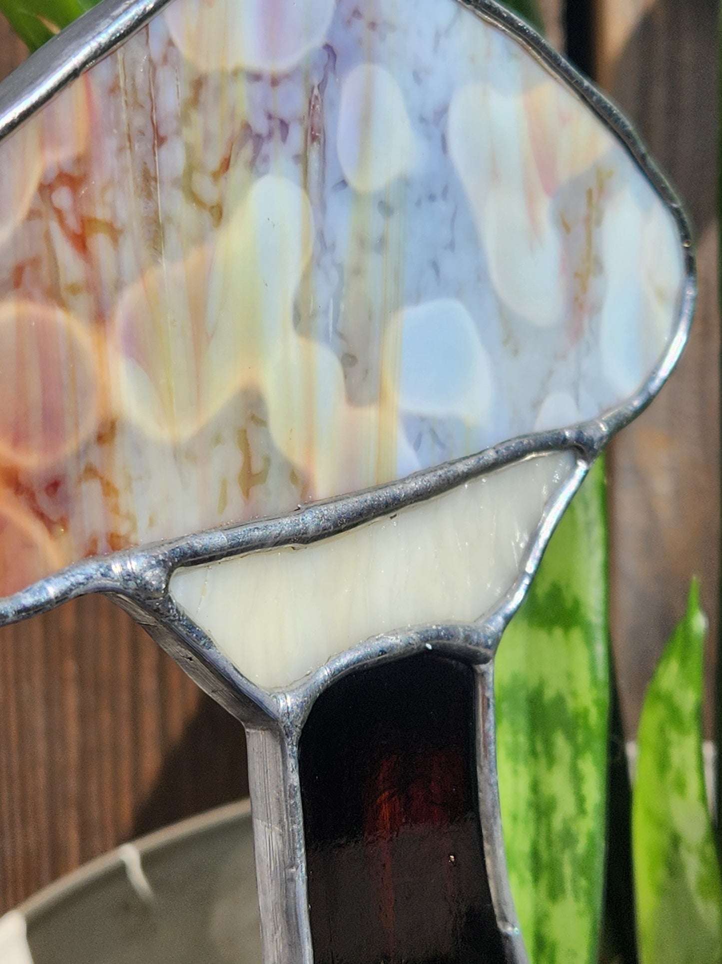 Brown & Purple Splotchy Mushroom Stained Glass Plant Stake (Brown Stem)