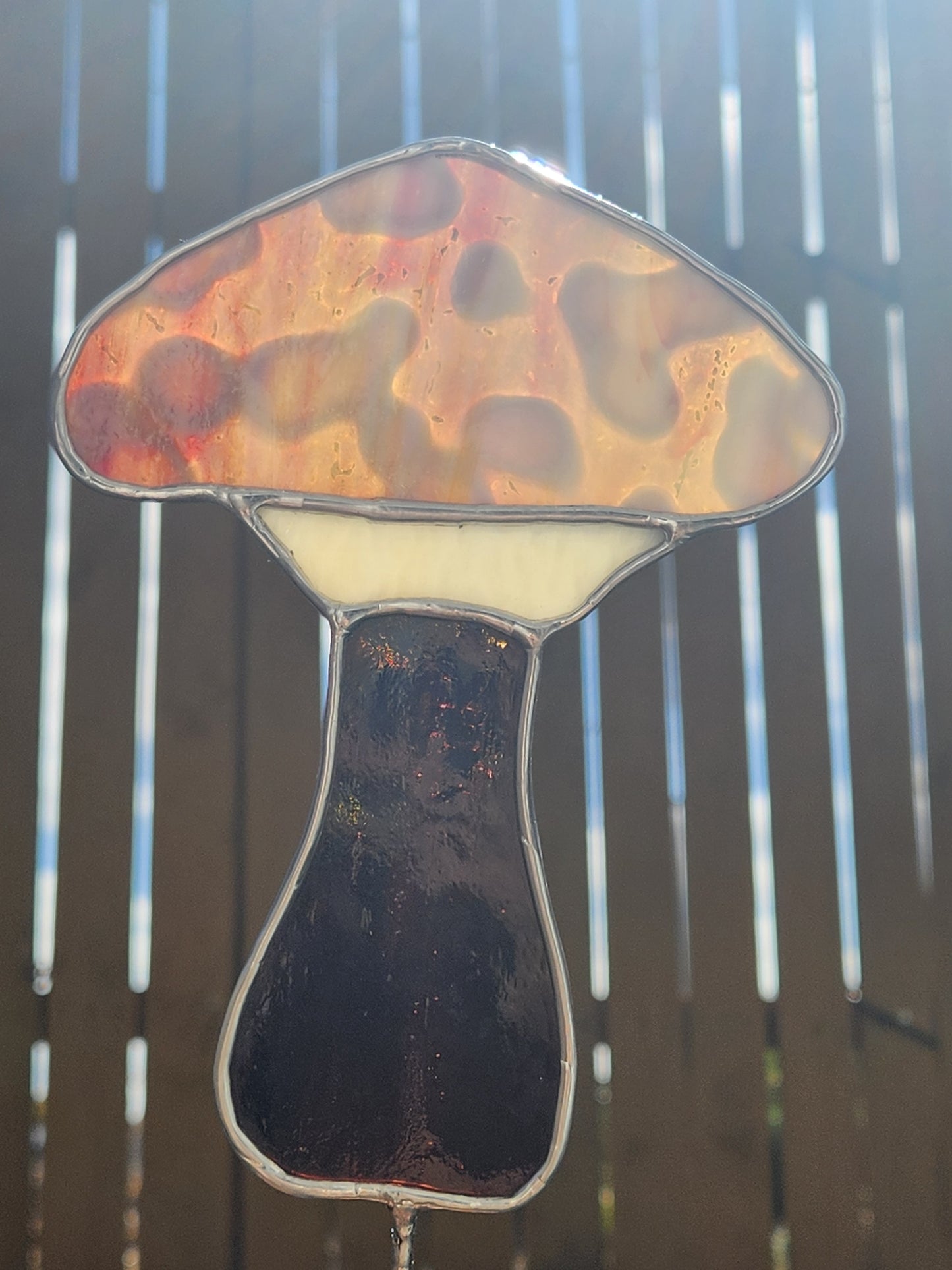 Brown & Purple Splotchy Mushroom Stained Glass Plant Stake (Brown Stem)