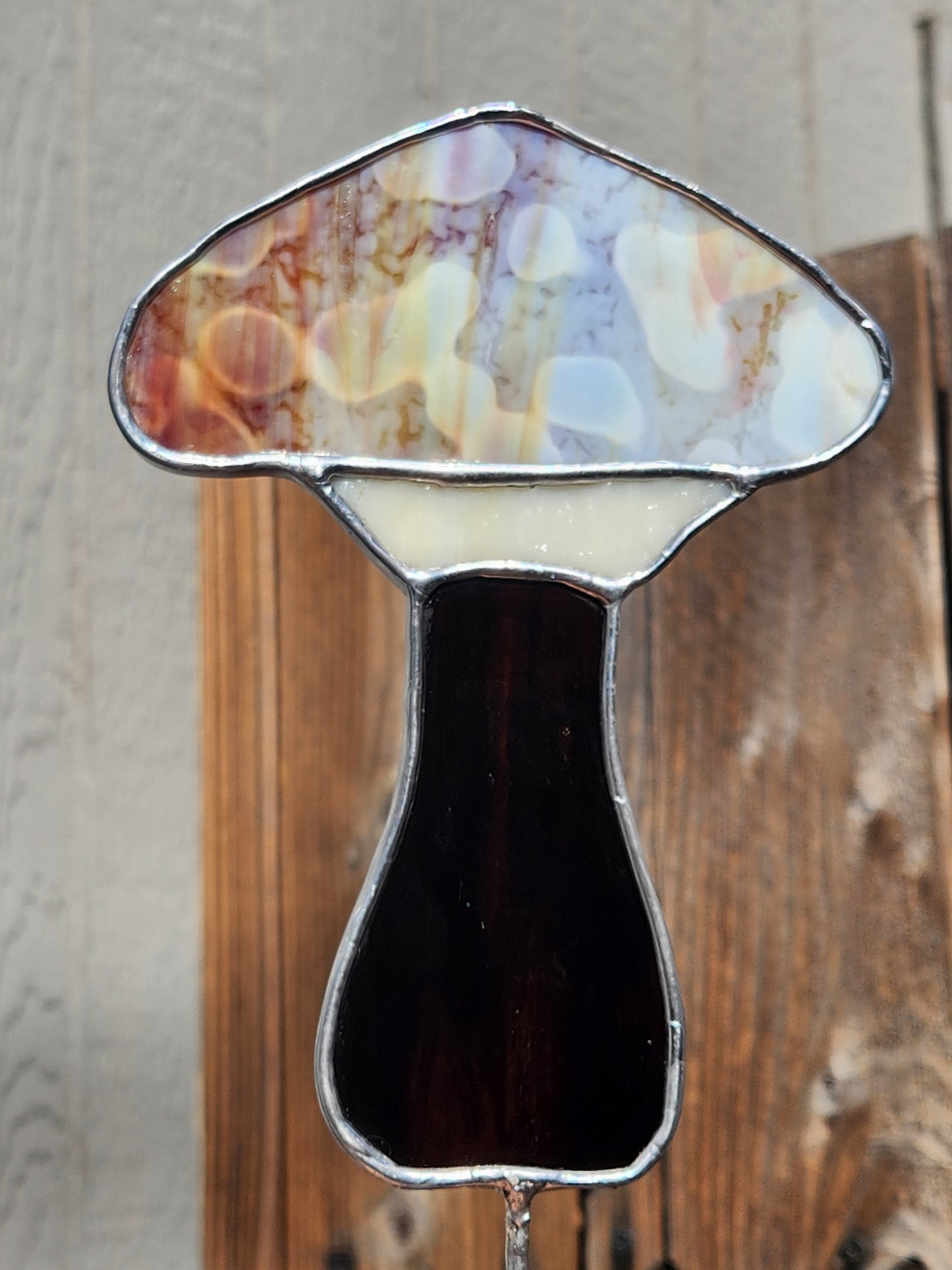 Brown & Purple Splotchy Mushroom Stained Glass Plant Stake (Brown Stem)