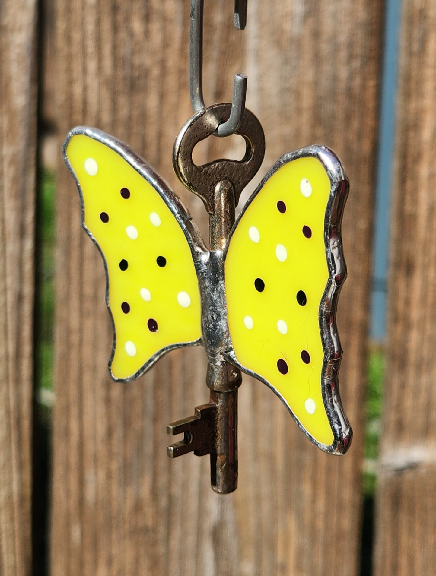 Stained Glass Neon Green Flying Key with Polka Dots