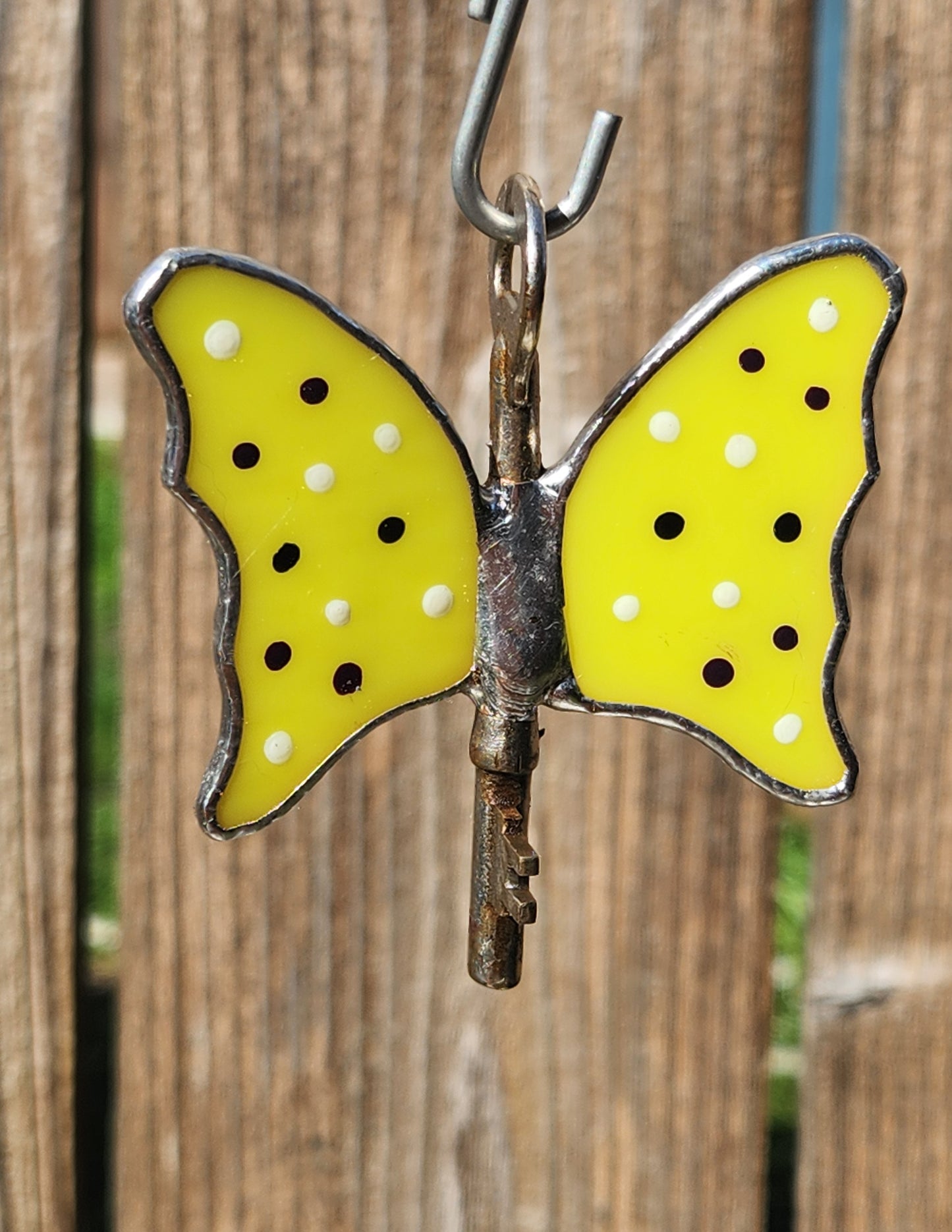 Stained Glass Neon Green Flying Key with Polka Dots