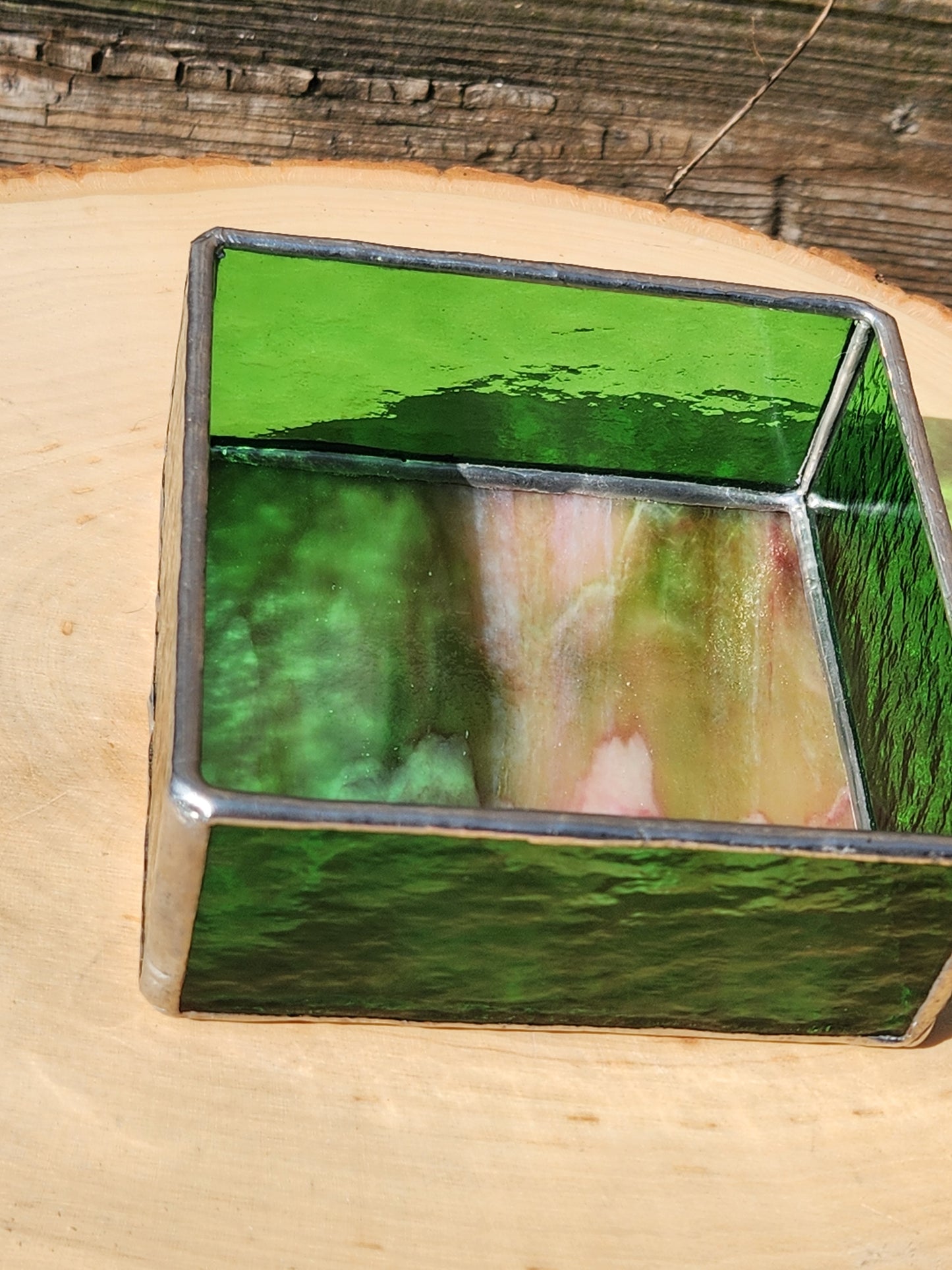 Green and Pink Stained Glass Trinket Tray