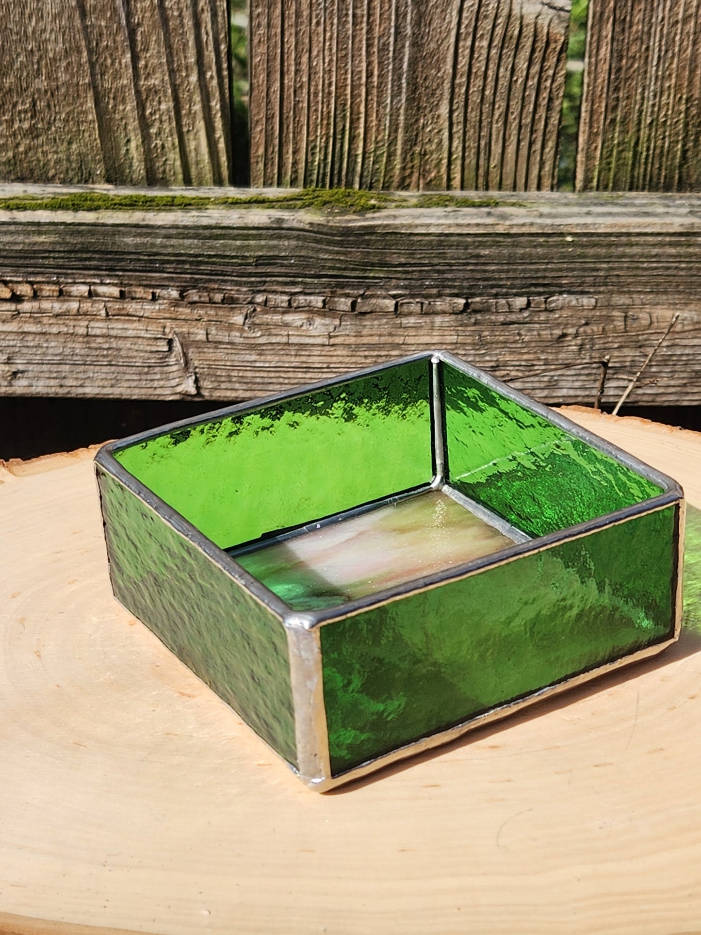 Green and Pink Stained Glass Trinket Tray
