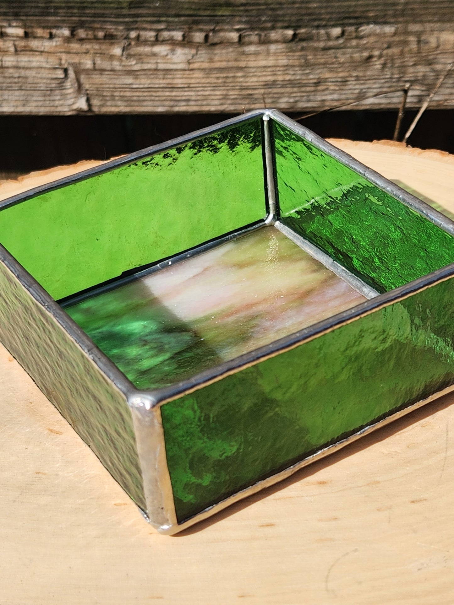 Green and Pink Stained Glass Trinket Tray