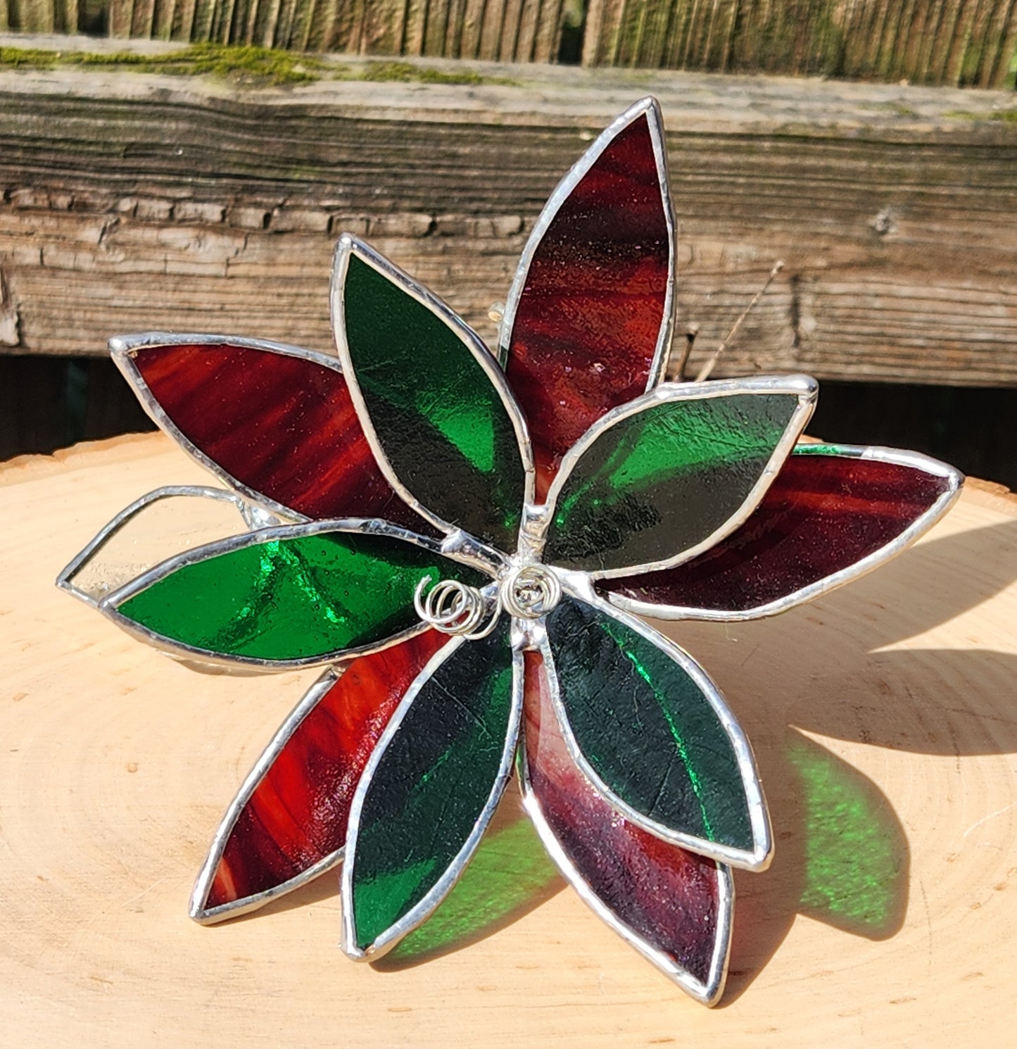 Vintage Red & Green Stained Glass Table Flower