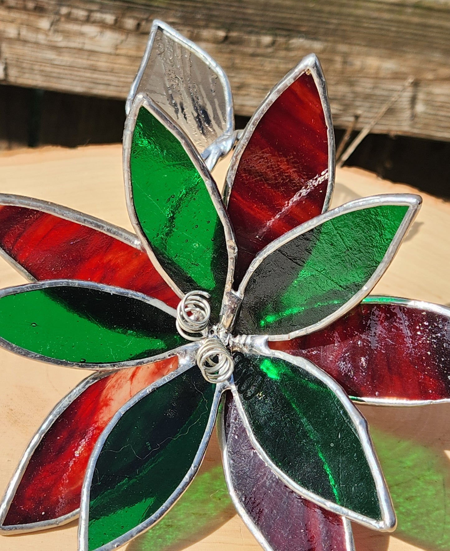 Vintage Red & Green Stained Glass Table Flower