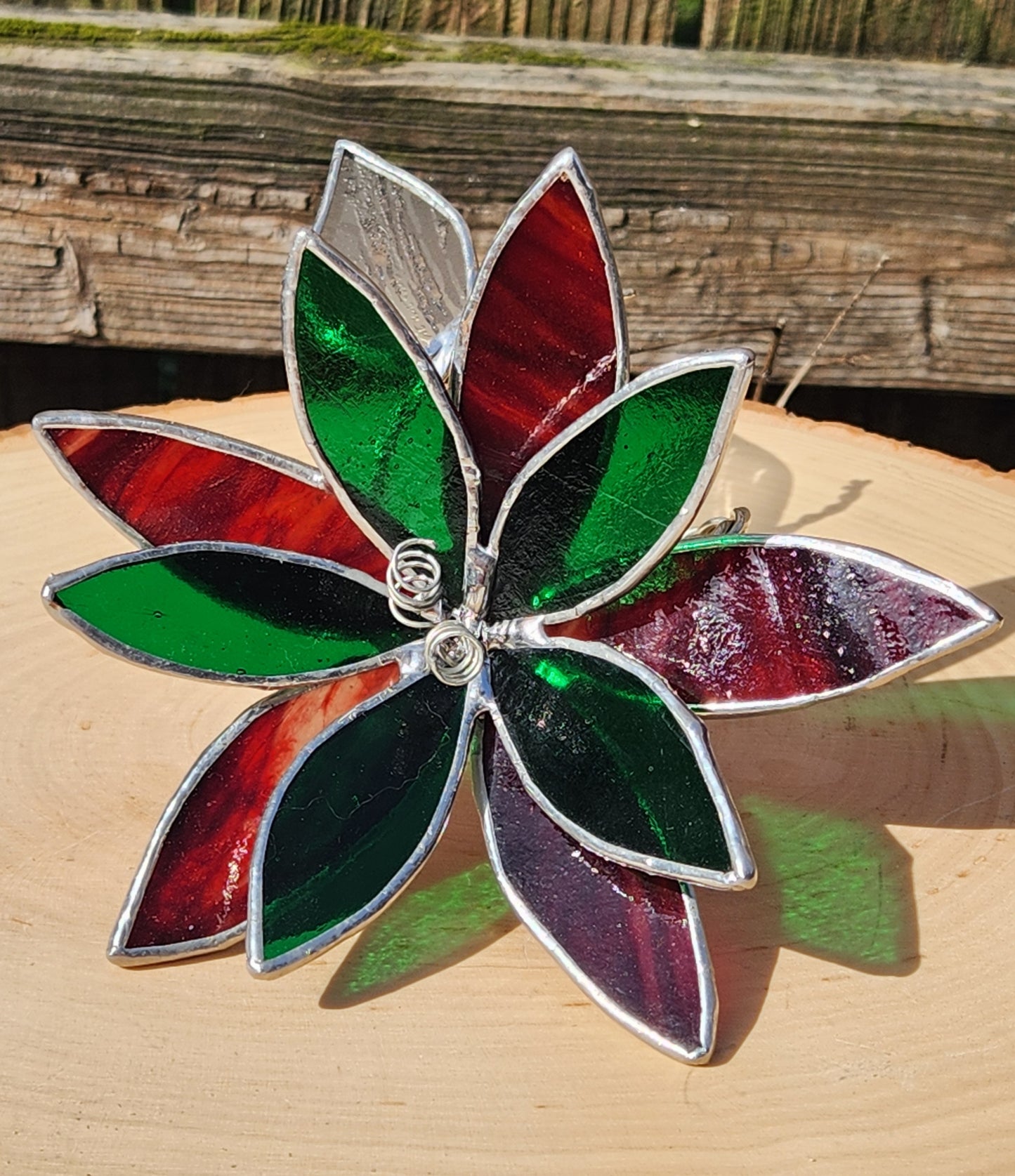Vintage Red & Green Stained Glass Table Flower