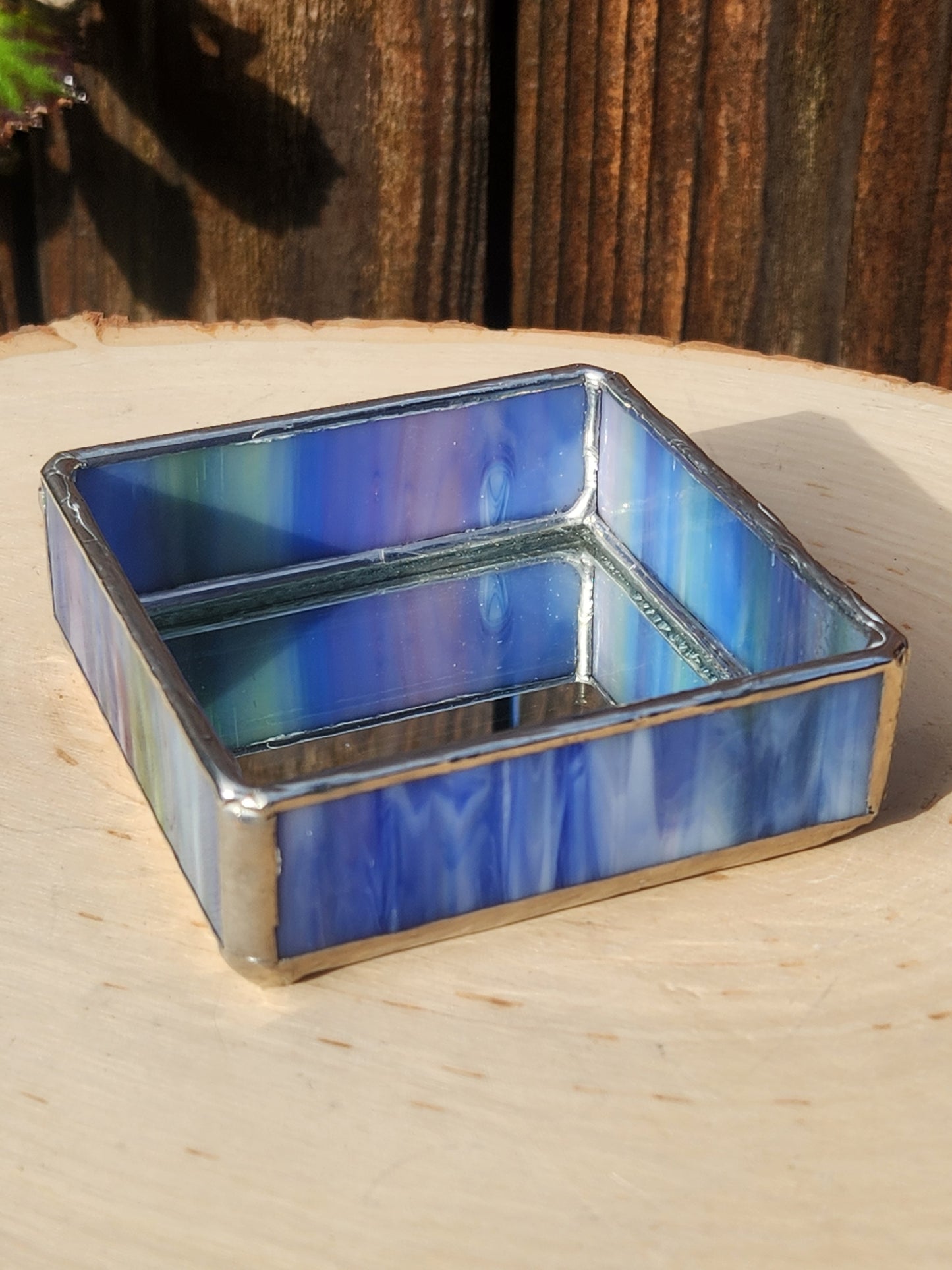 Blue Stained Glass Trinket Tray with Mirror Bottom