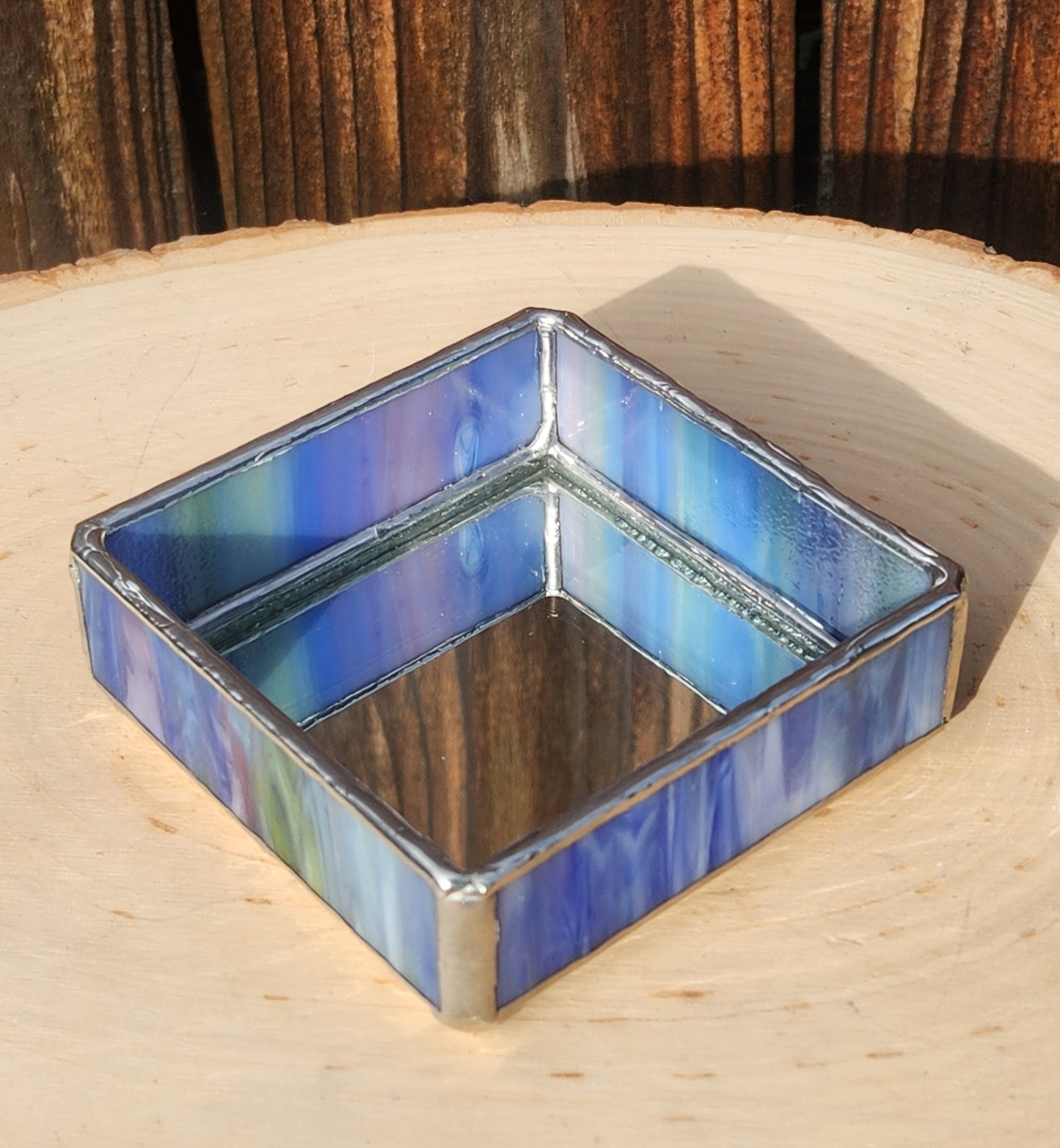 Blue Stained Glass Trinket Tray with Mirror Bottom