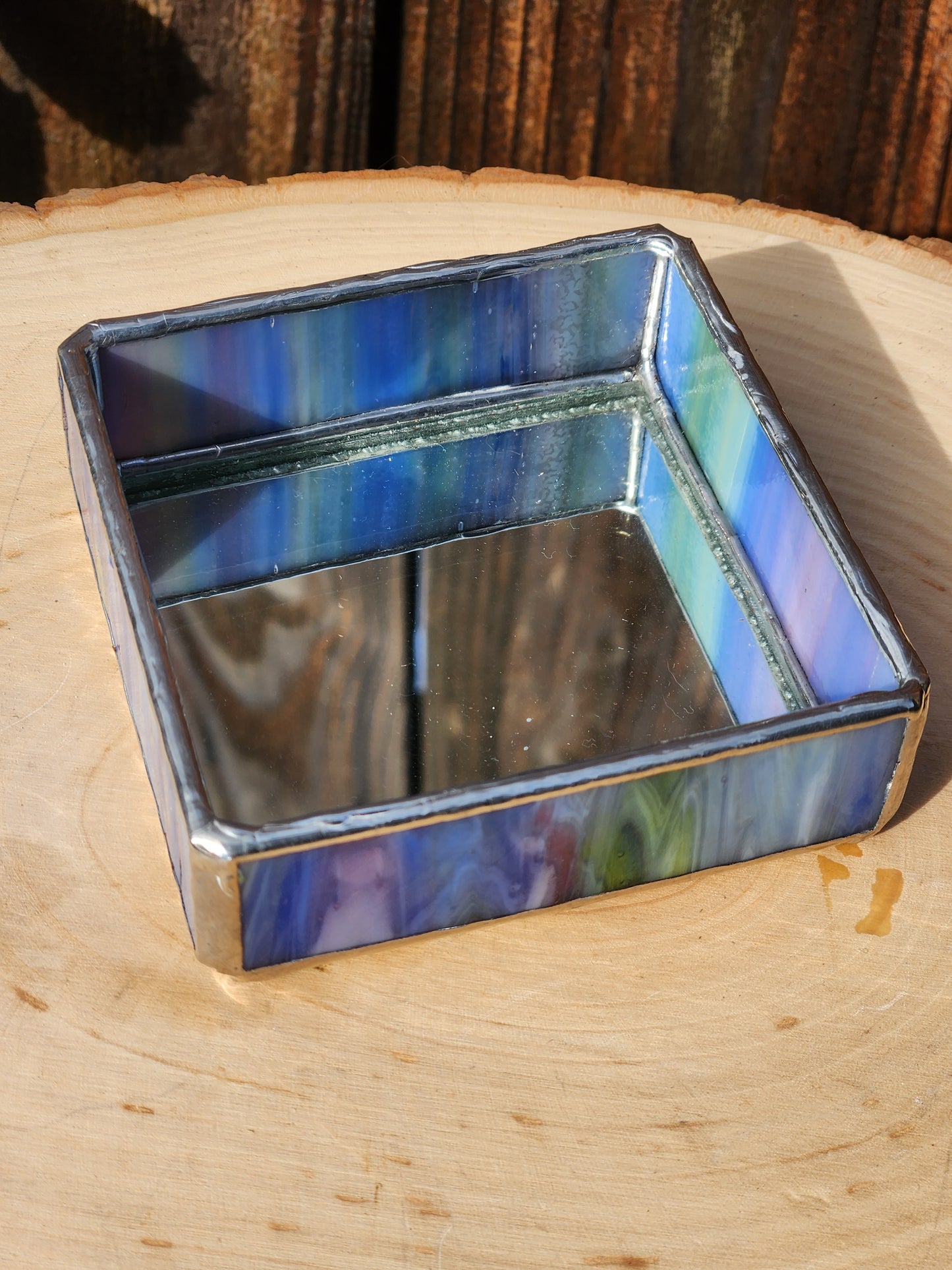 Blue Stained Glass Trinket Tray with Mirror Bottom