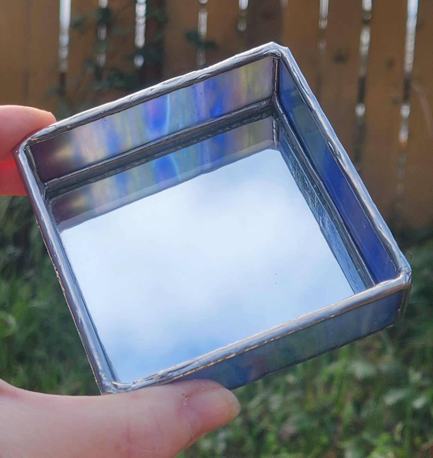 Blue Stained Glass Trinket Tray with Mirror Bottom