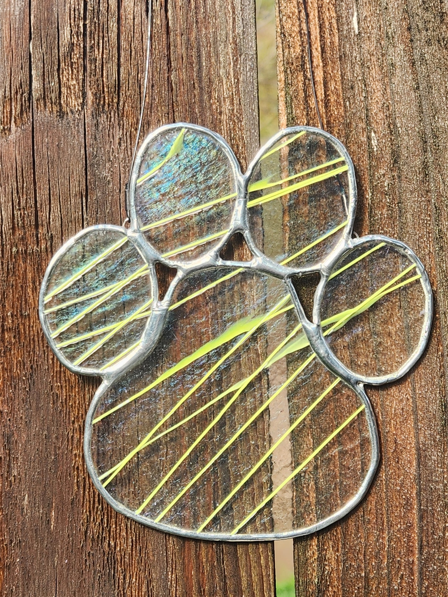 Neon Green Striker Glass with Iridescent Sheen Stained Glass Paw Print