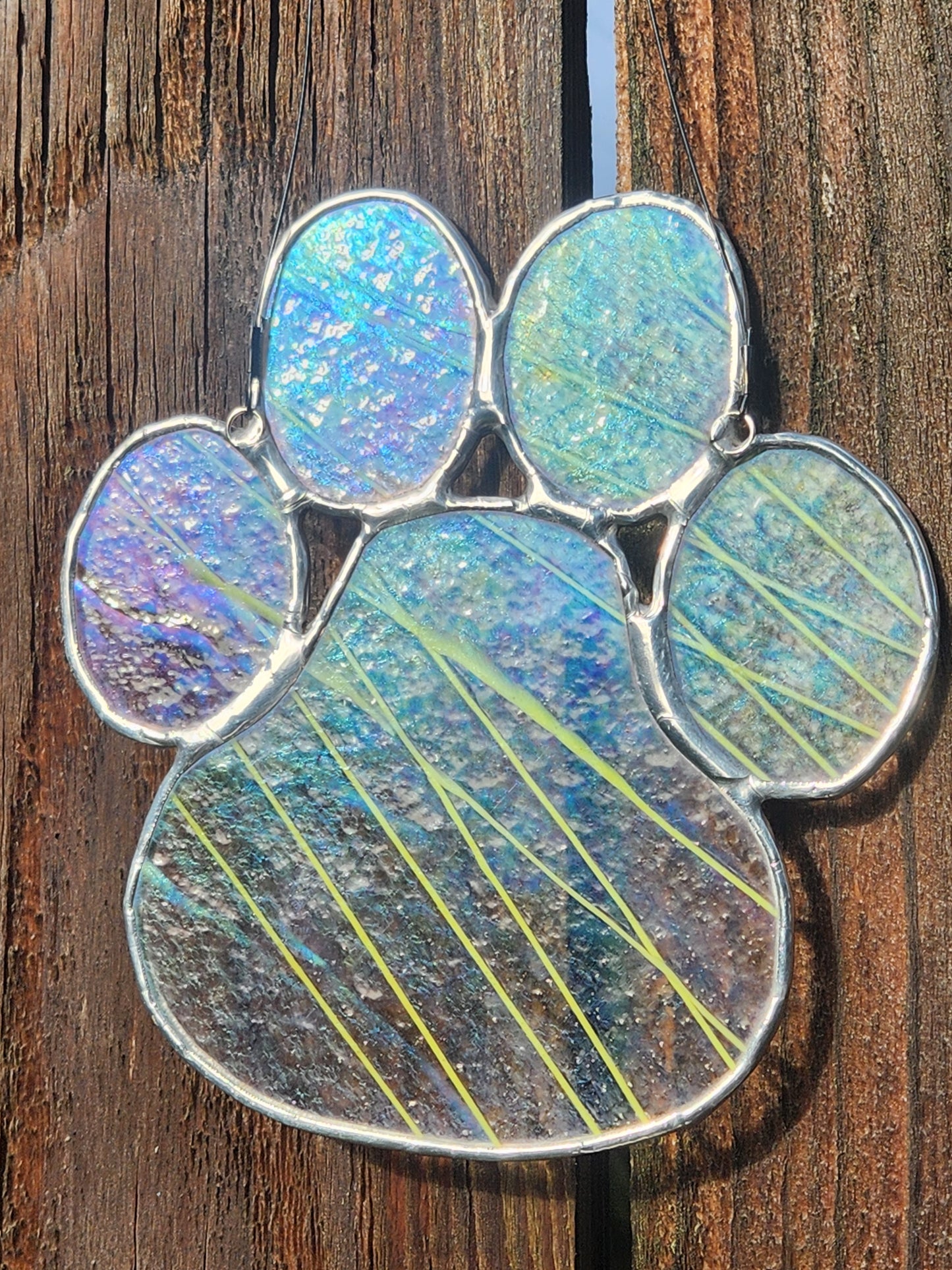 Neon Green Striker Glass with Iridescent Sheen Stained Glass Paw Print