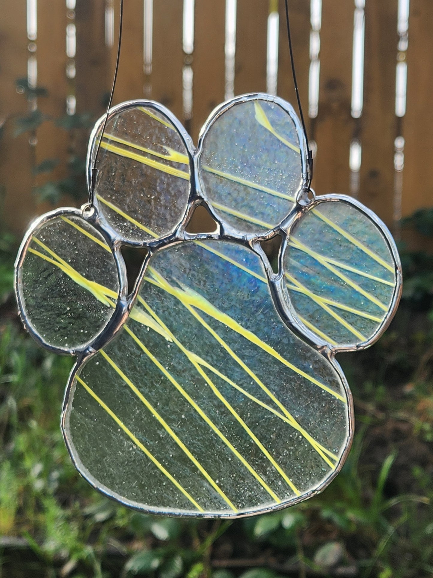 Neon Green Striker Glass with Iridescent Sheen Stained Glass Paw Print