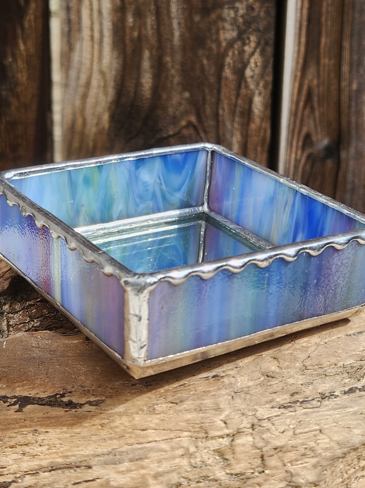 Blue Stained Glass Trinket Tray with Mirror Bottom (Wavy Accent Foil)