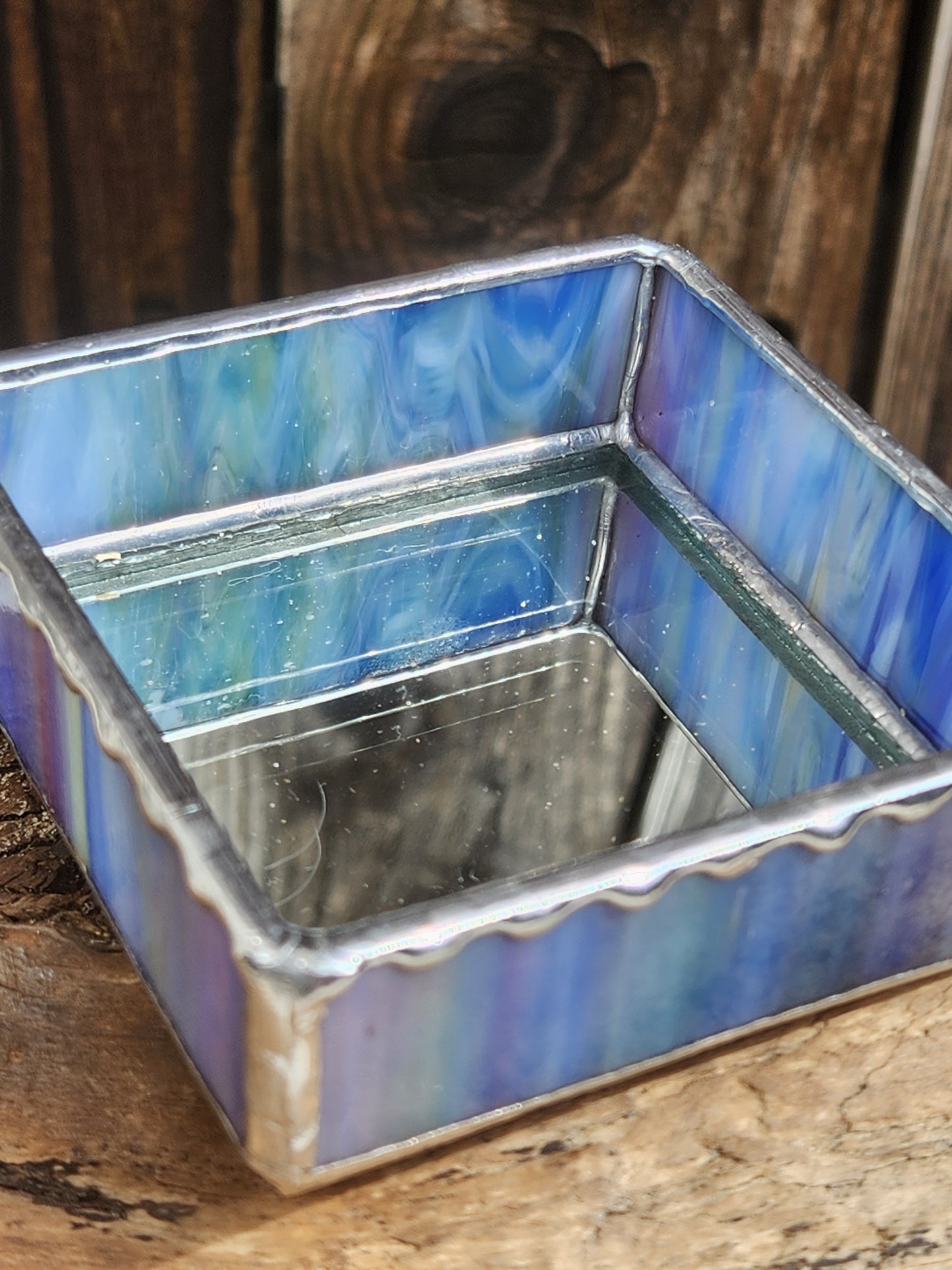 Blue Stained Glass Trinket Tray with Mirror Bottom (Wavy Accent Foil)