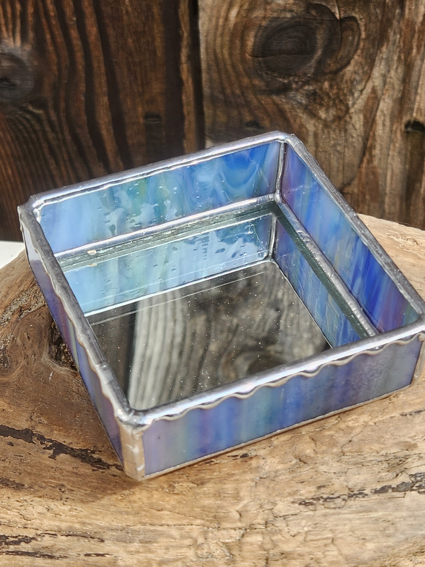 Blue Stained Glass Trinket Tray with Mirror Bottom (Wavy Accent Foil)