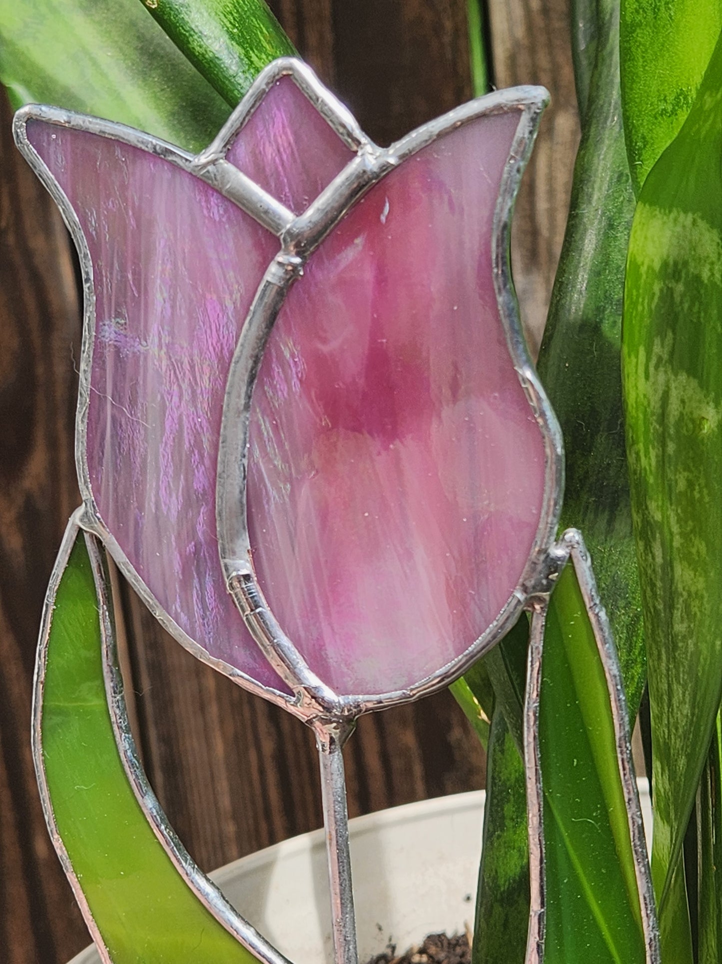 Pink Iridescent Tulip Stained Glass Plant Stake