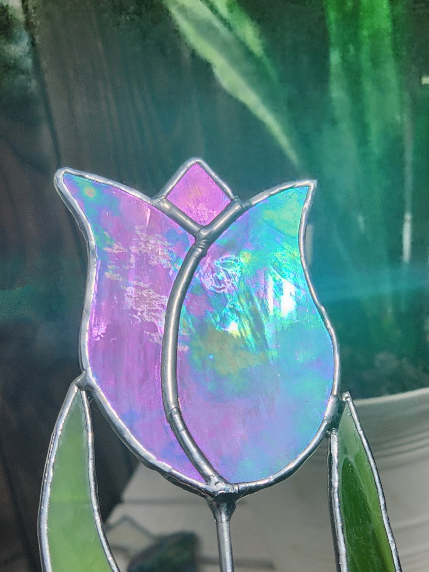 Pink Iridescent Tulip Stained Glass Plant Stake