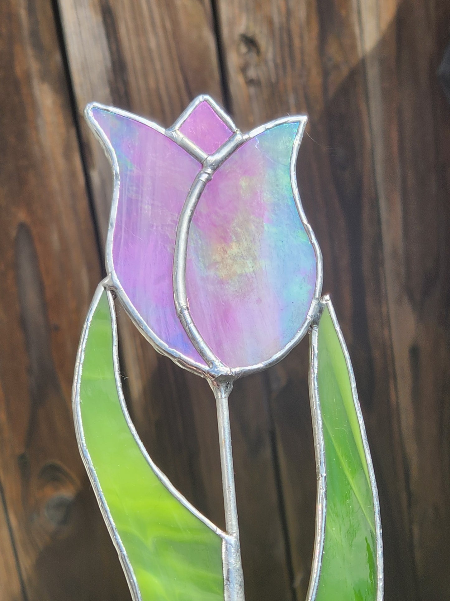 Pink Iridescent Tulip Stained Glass Plant Stake