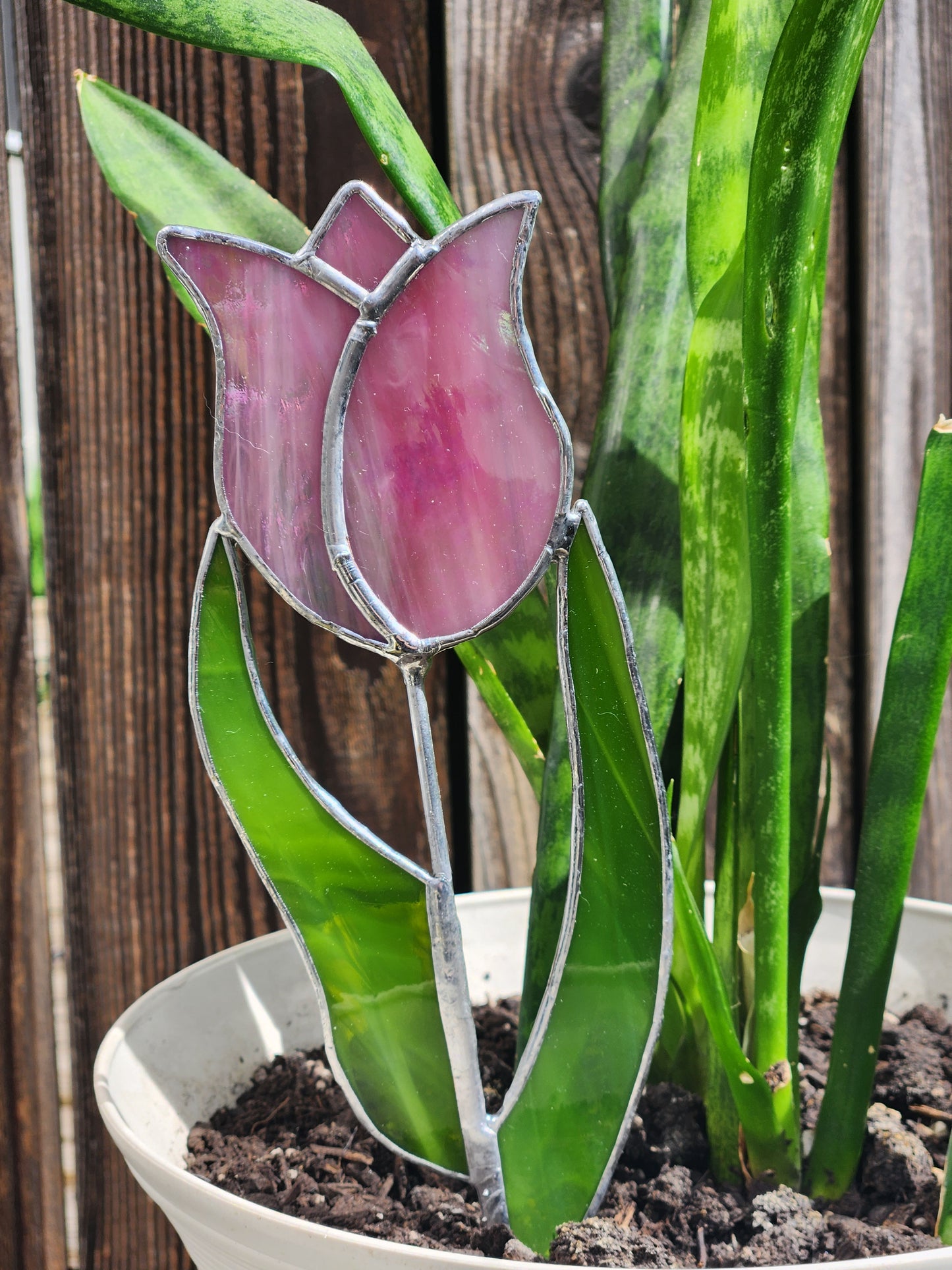 Pink Iridescent Tulip Stained Glass Plant Stake