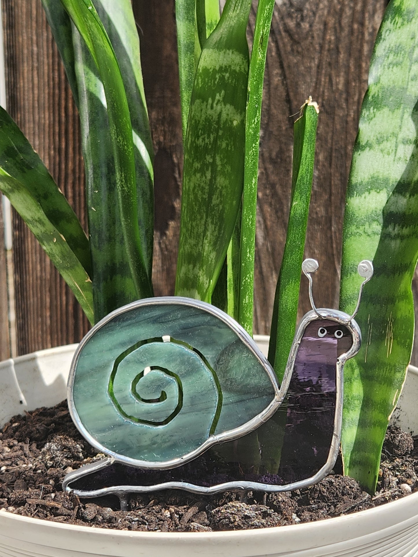 Purple Waterglass & Turquoise Snail Stained Glass Plant Stake