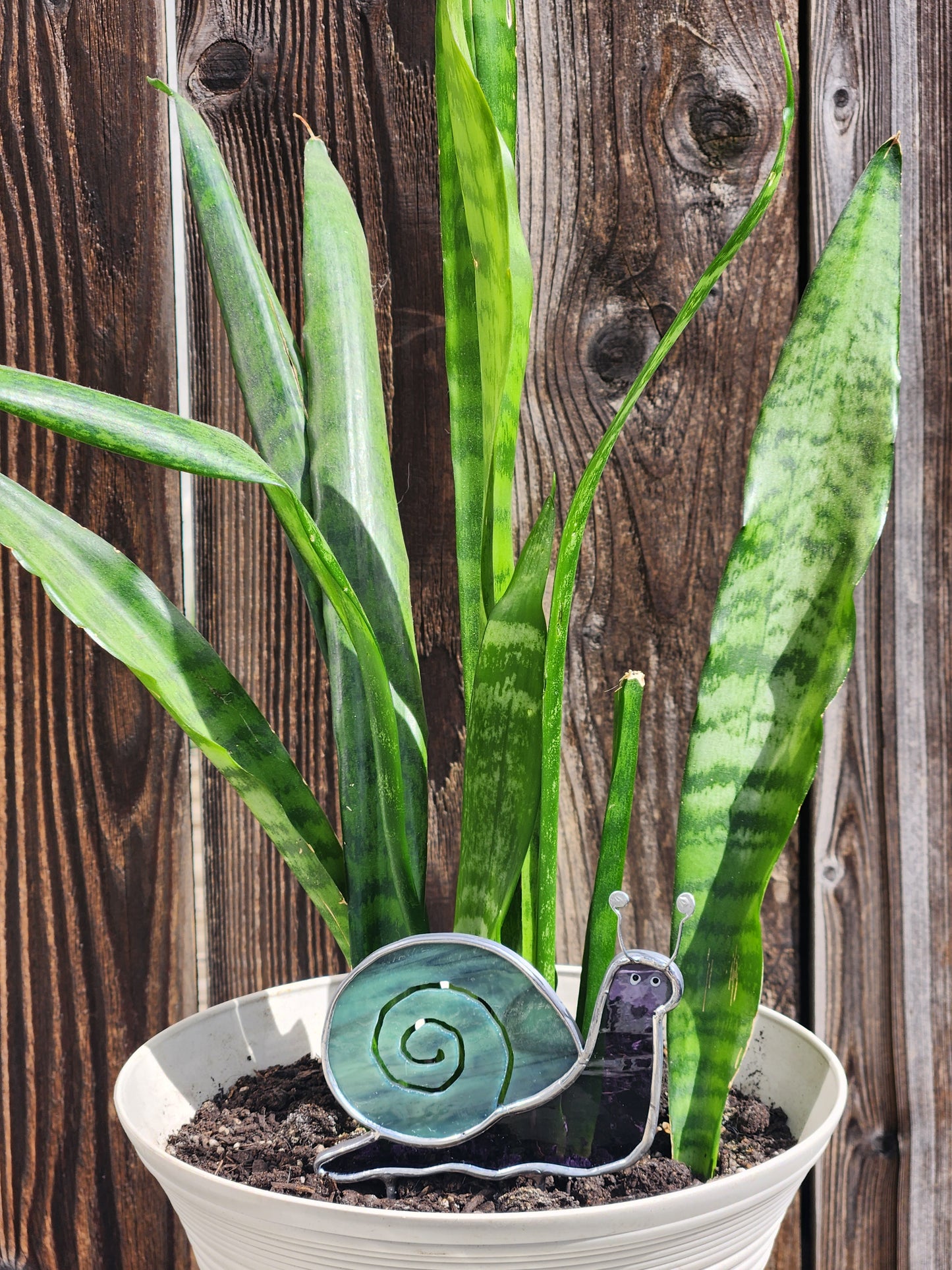 Purple Waterglass & Turquoise Snail Stained Glass Plant Stake