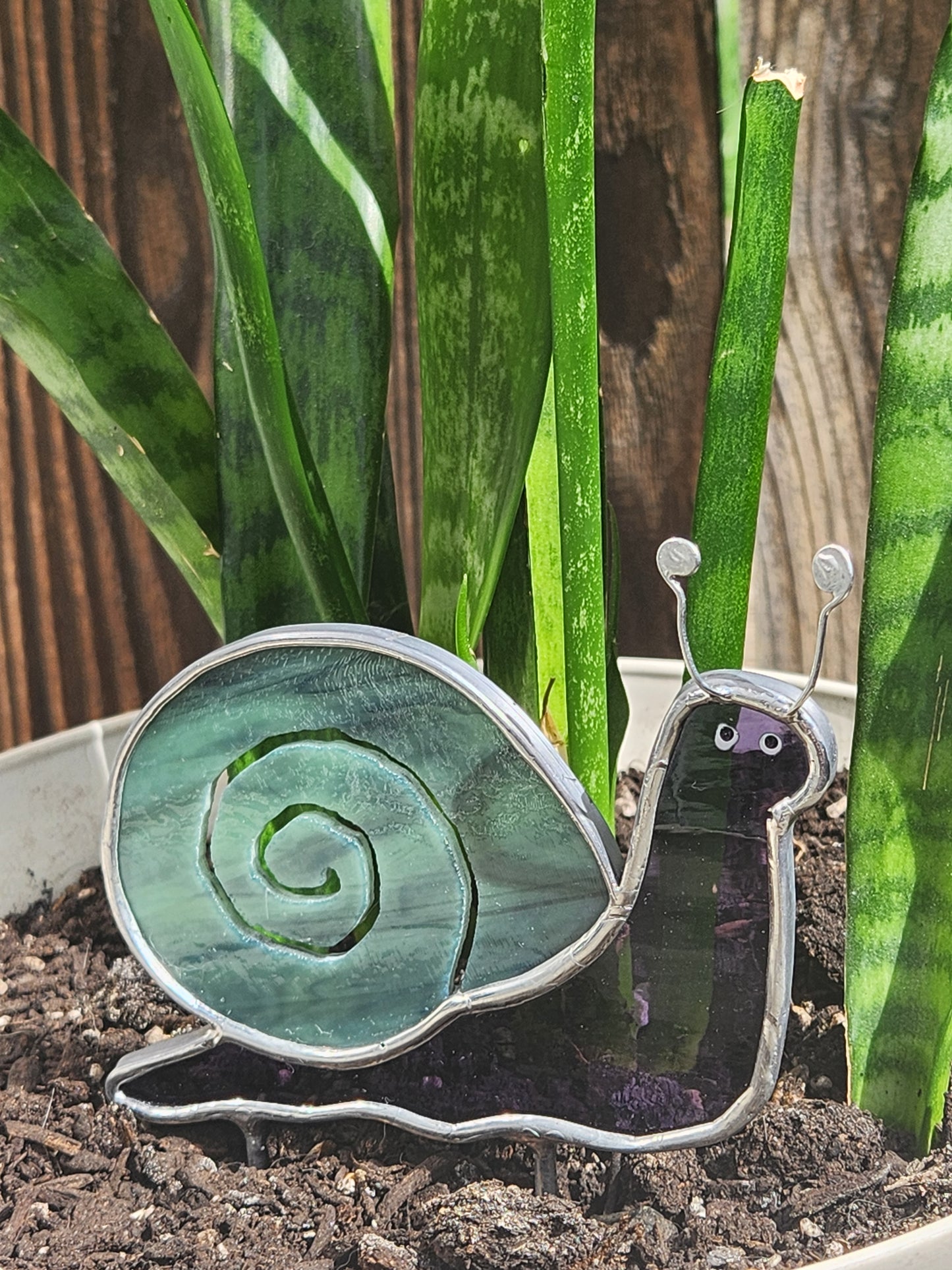 Purple Waterglass & Turquoise Snail Stained Glass Plant Stake