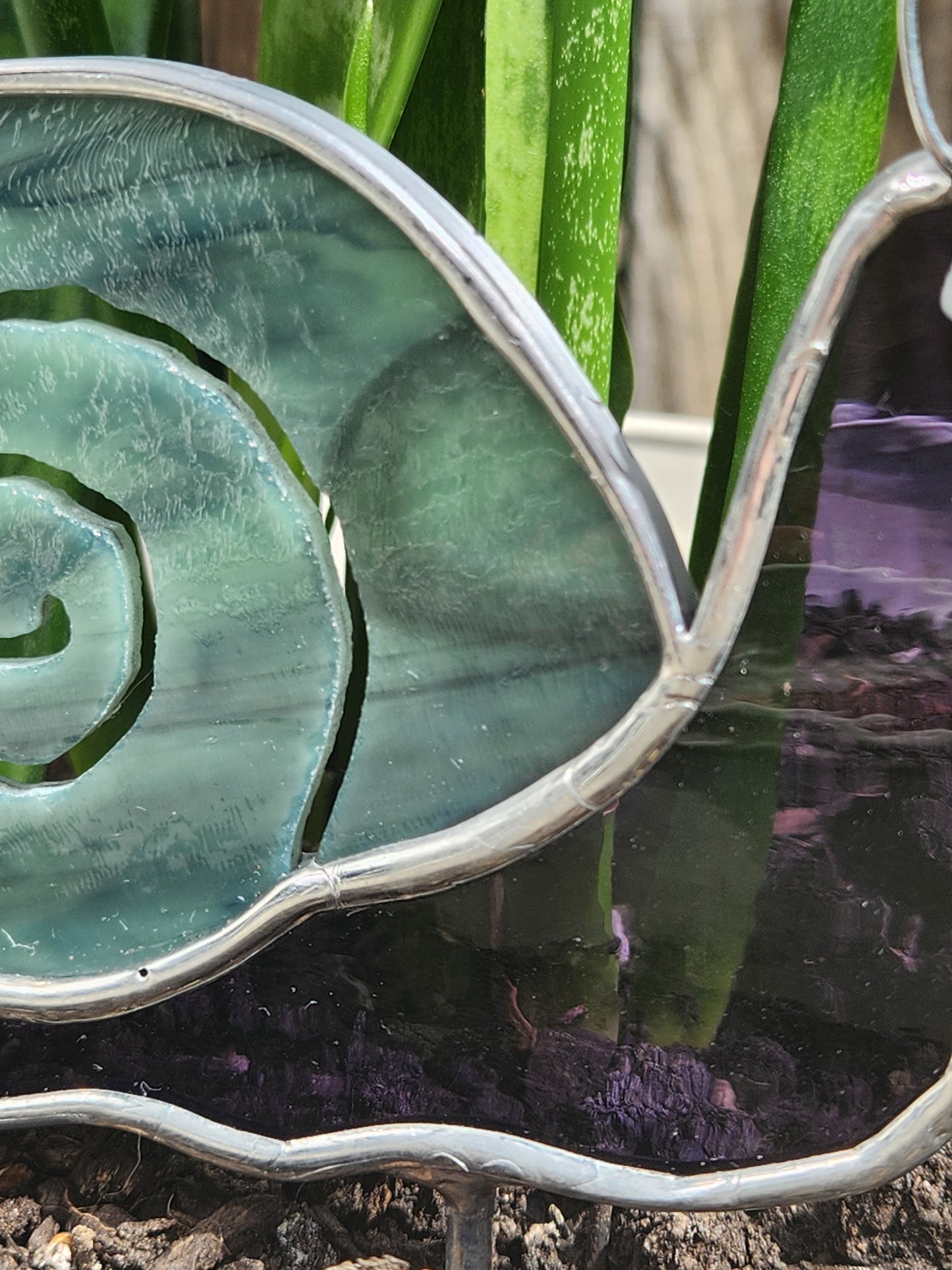 Purple Waterglass & Turquoise Snail Stained Glass Plant Stake