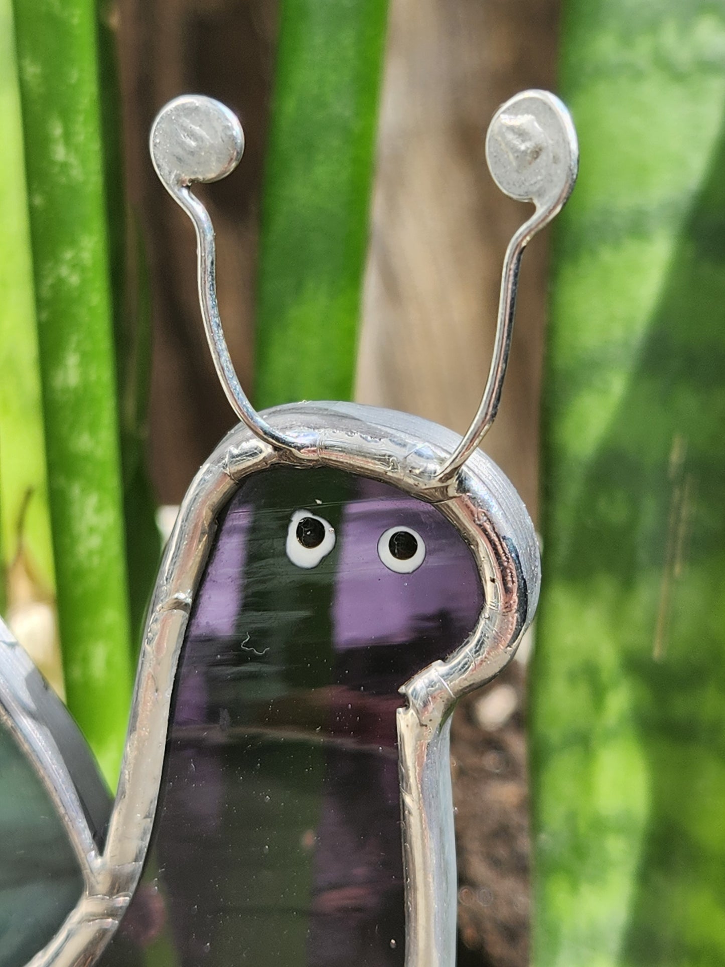 Purple Waterglass & Turquoise Snail Stained Glass Plant Stake