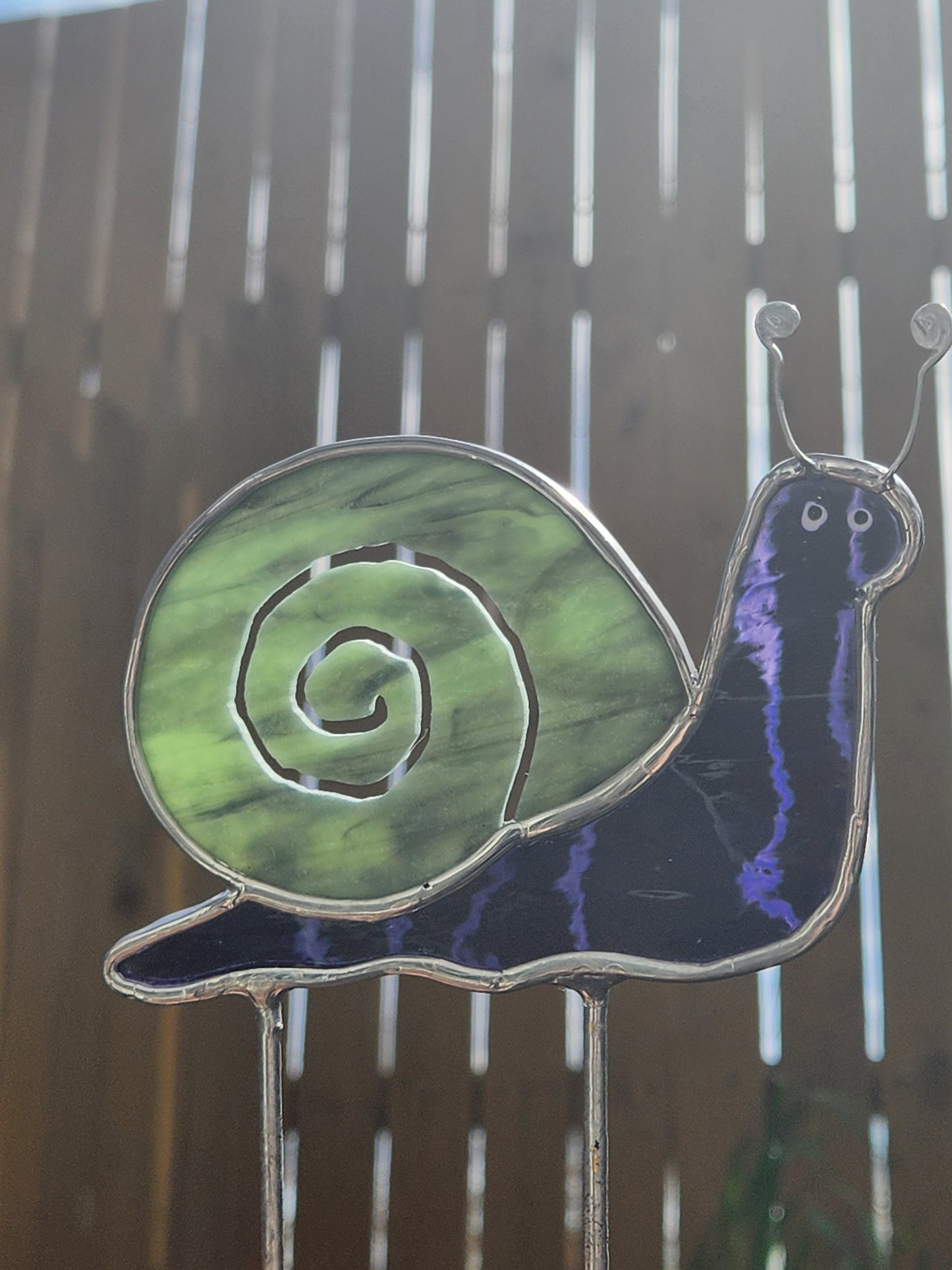 Purple Waterglass & Turquoise Snail Stained Glass Plant Stake