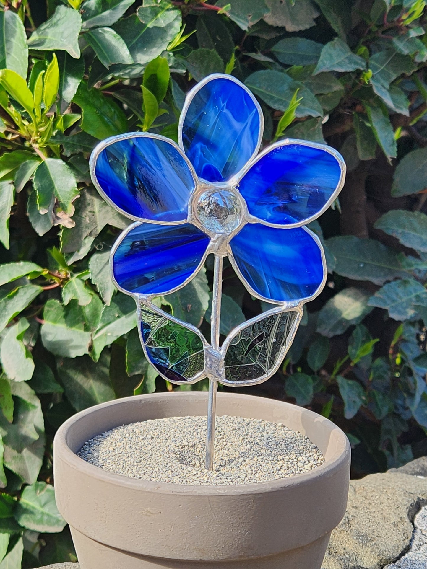 Blue Baroque Glass Daisy Stained Glass Plant Stake