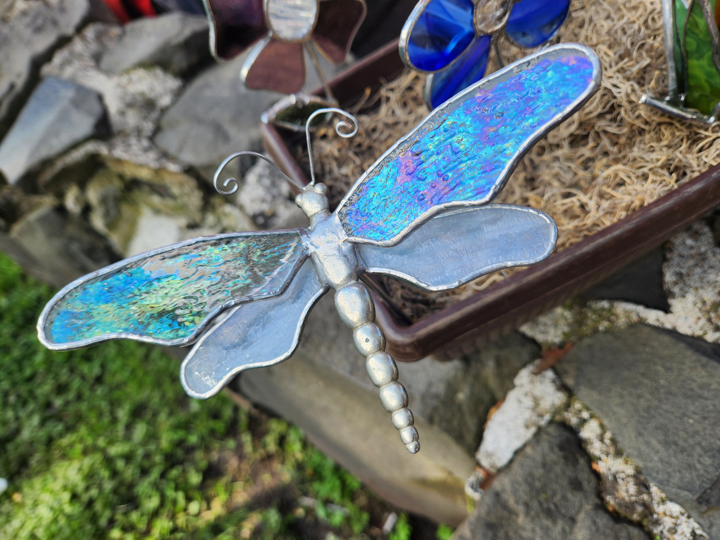 Iridescent & White Dragonfly Plant Stake