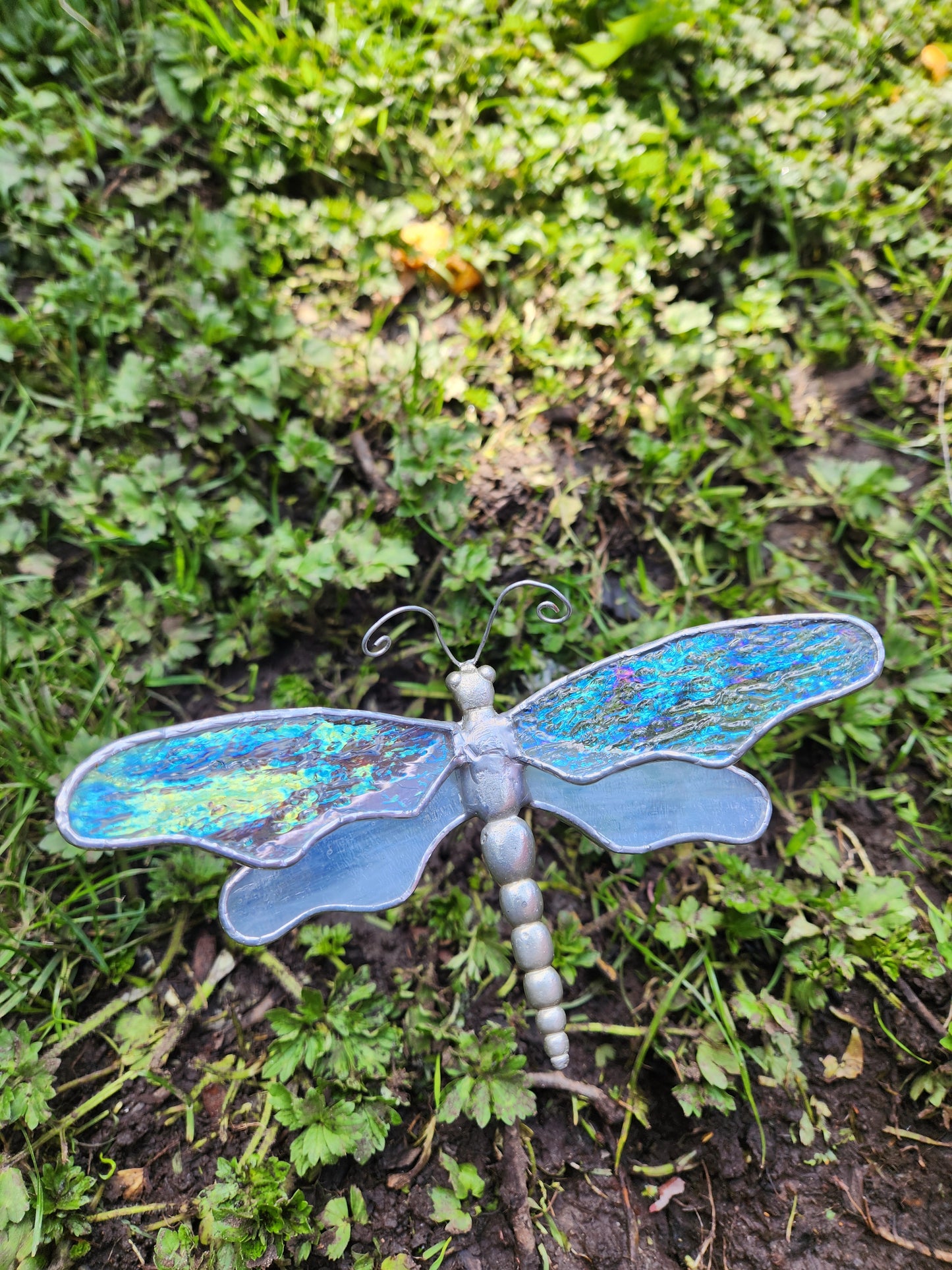Iridescent & White Dragonfly Plant Stake
