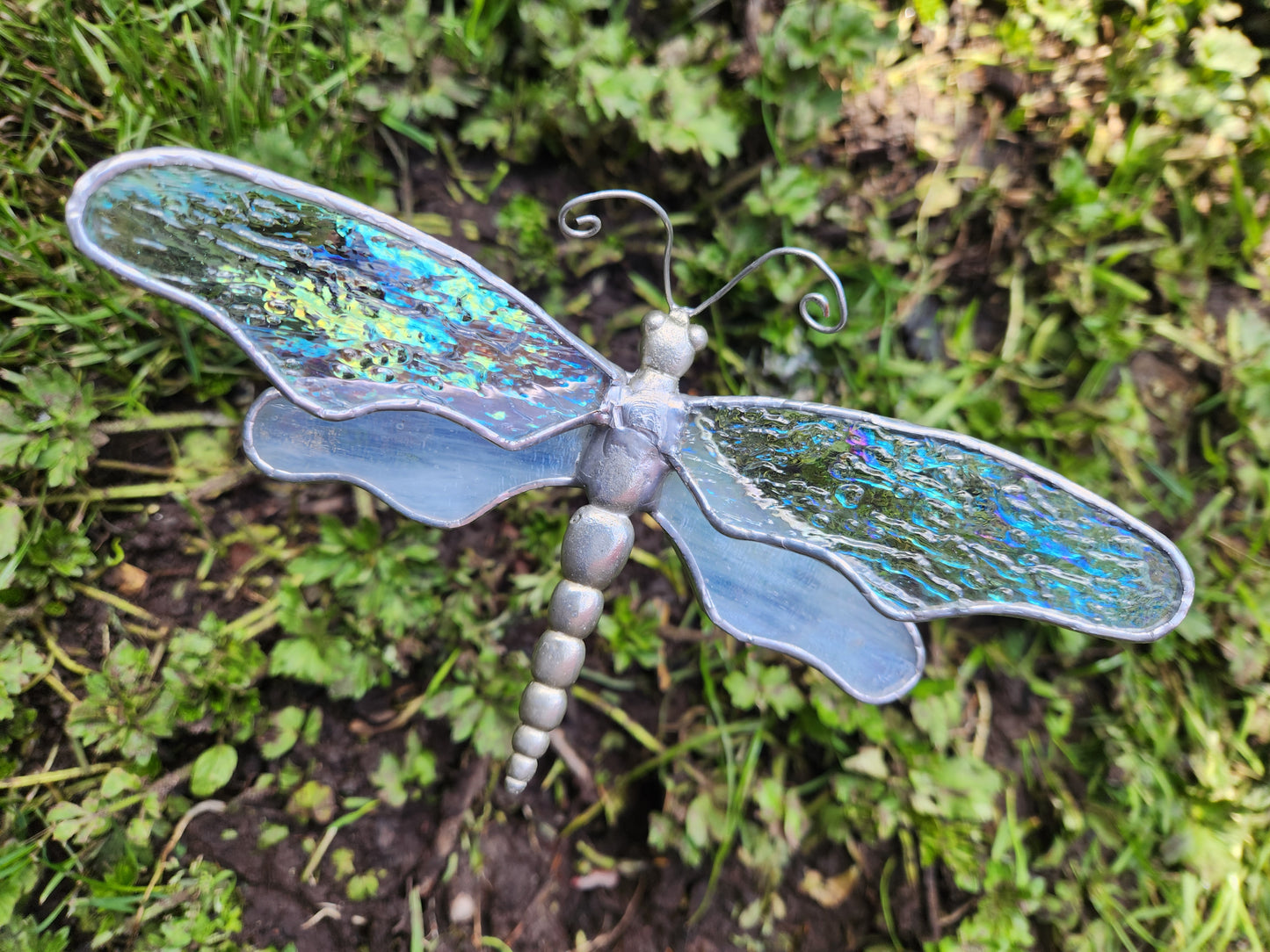 Iridescent & White Dragonfly Plant Stake
