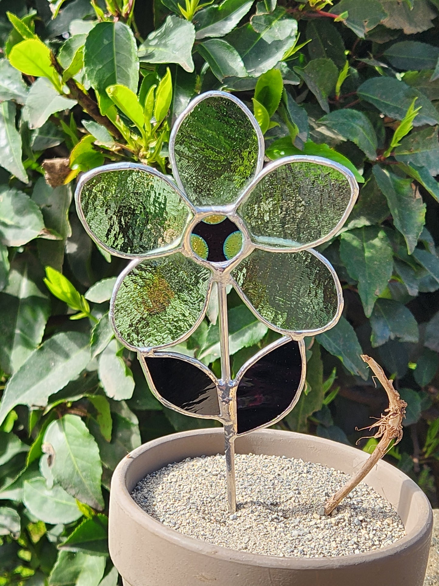 Mint Green Stained Glass Daisy Plant Stake with Dichroic Center