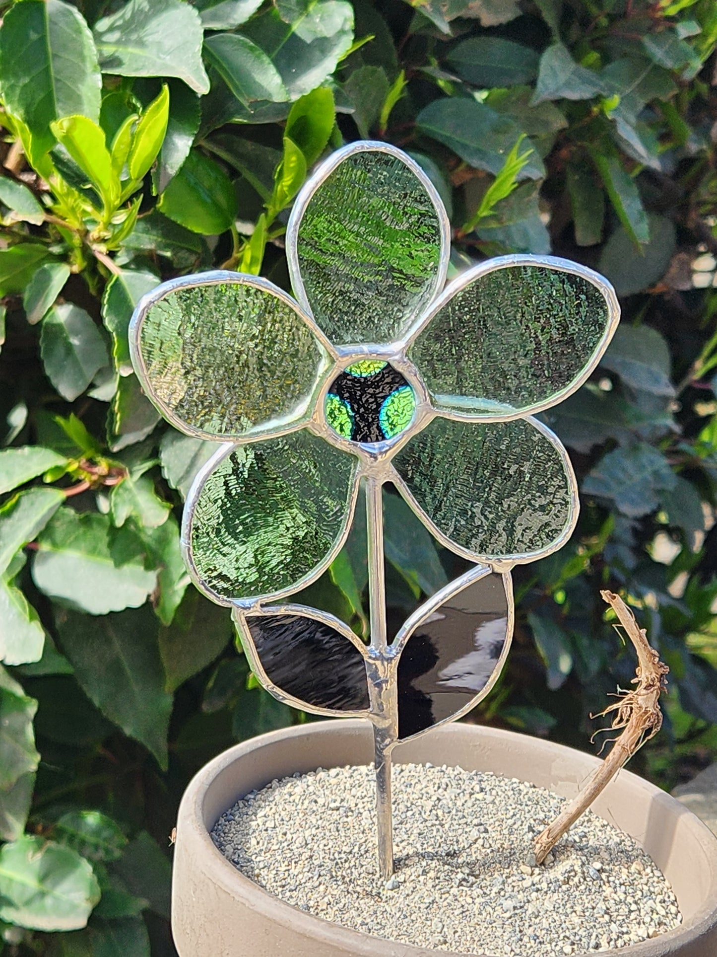 Mint Green Stained Glass Daisy Plant Stake with Dichroic Center