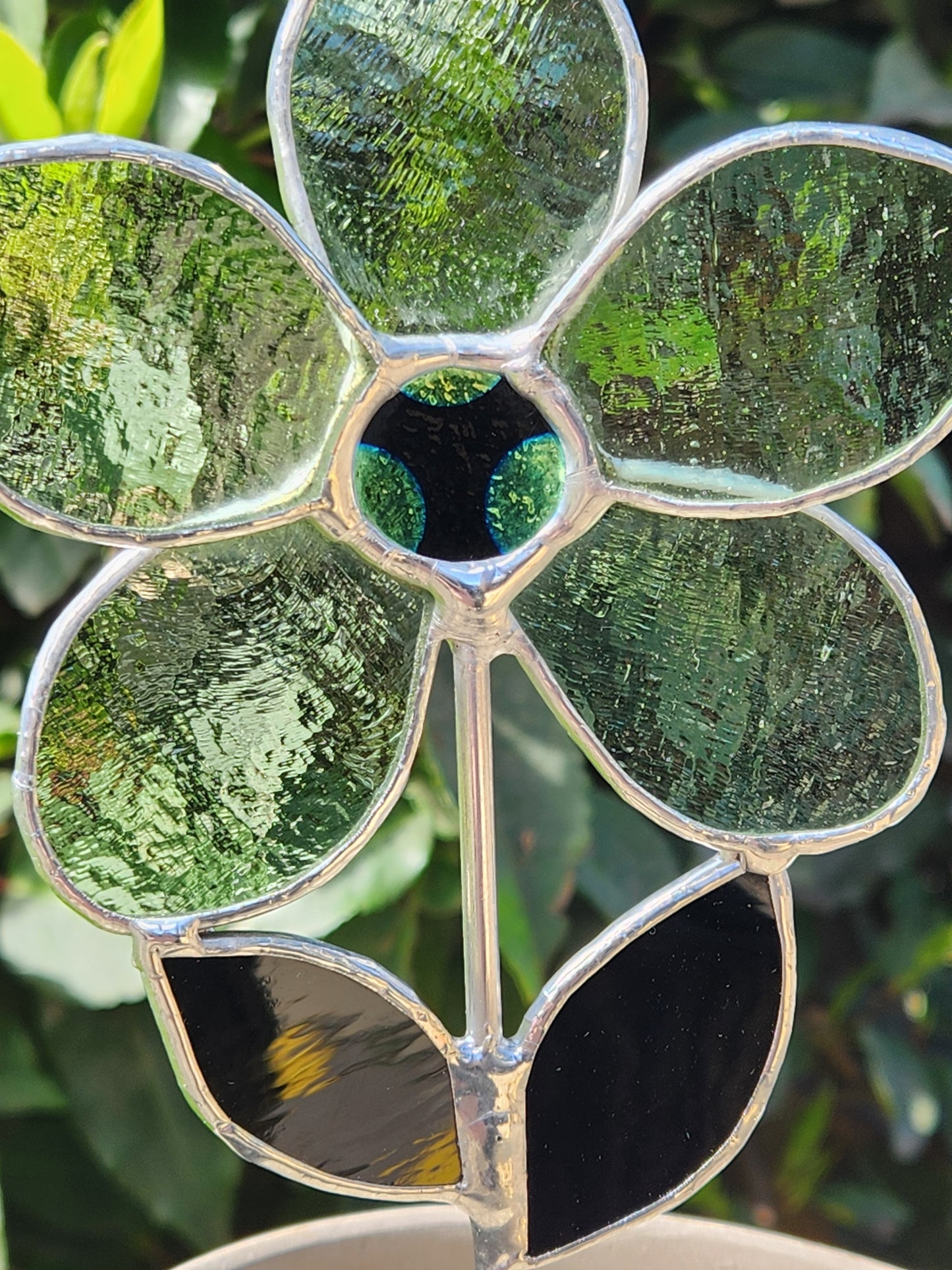 Mint Green Stained Glass Daisy Plant Stake with Dichroic Center