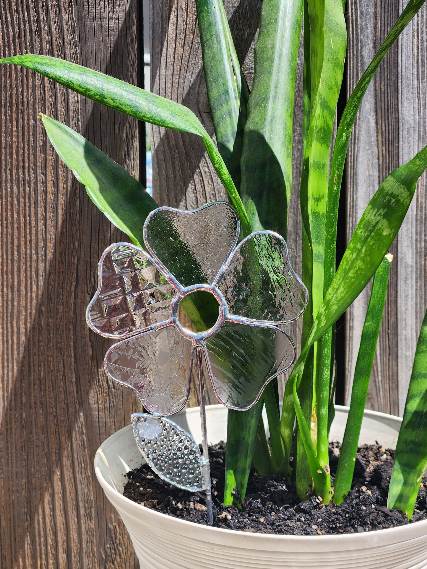 Large Clear Textured Wavy Flower Stained Glass Plant Stake with Yellow Center