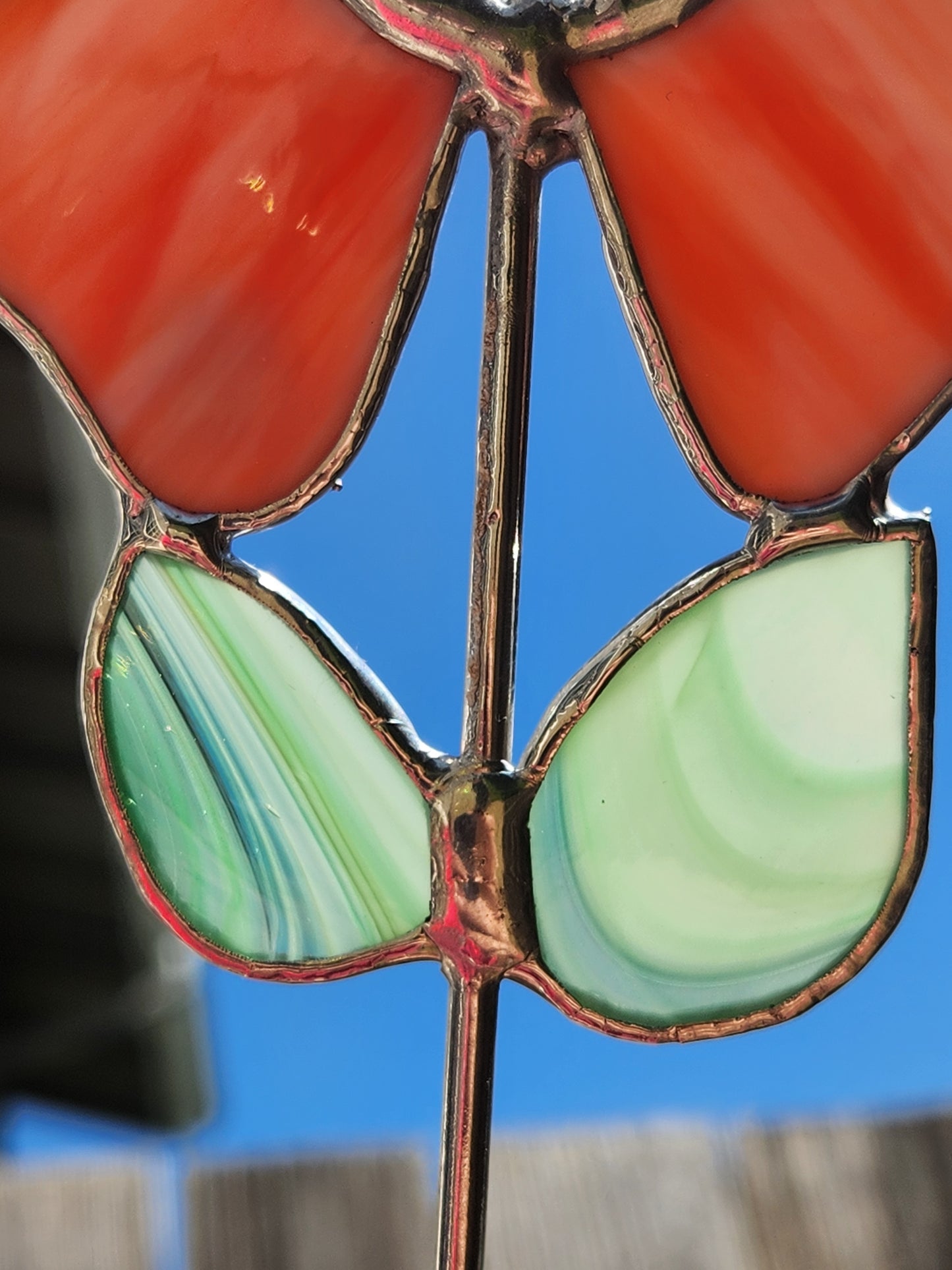 Orange Wavy Flower Stained Glass Plant Stake with Clear Center