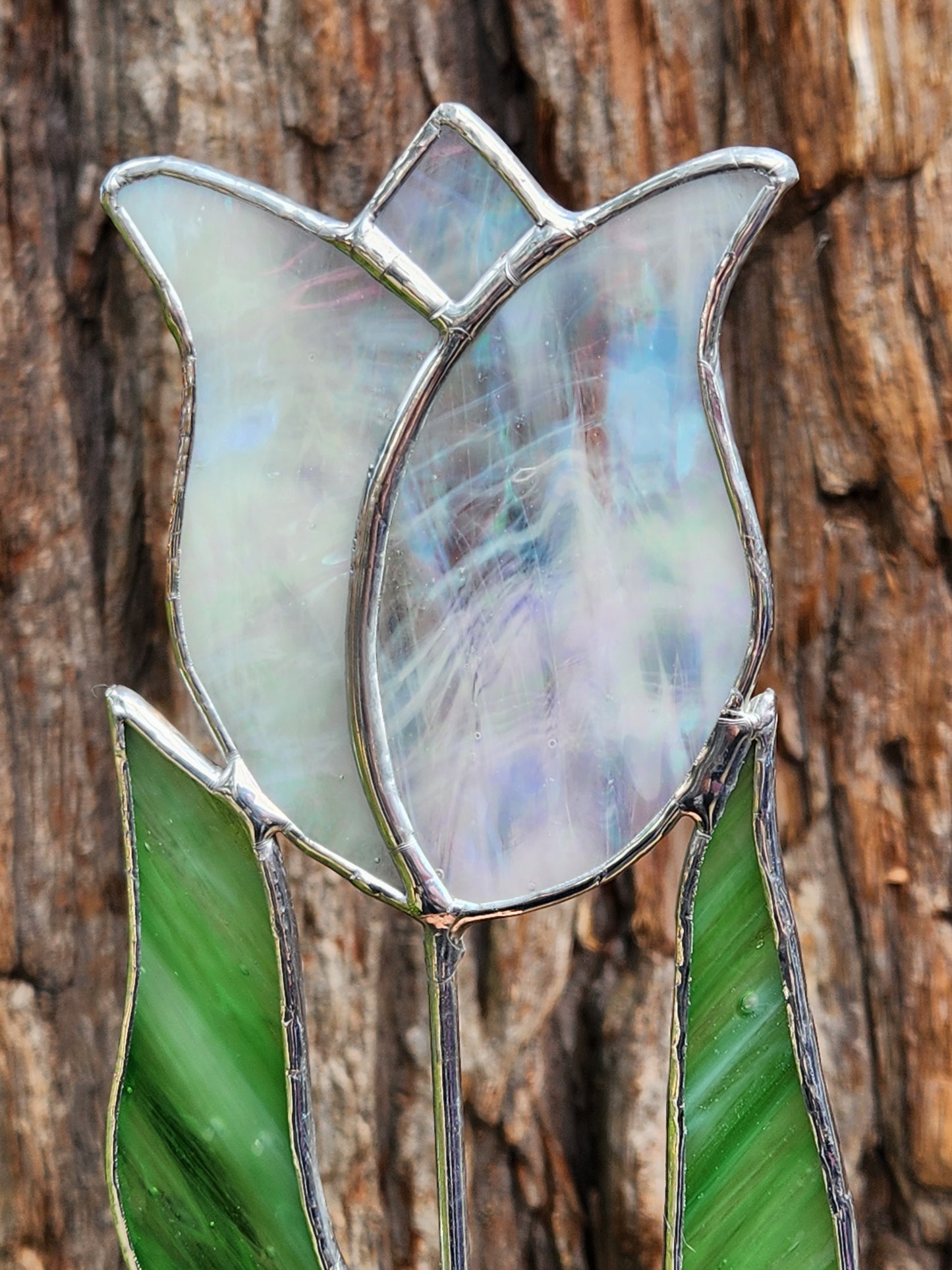 White Iridescent Tulip Stained Glass Plant Stake